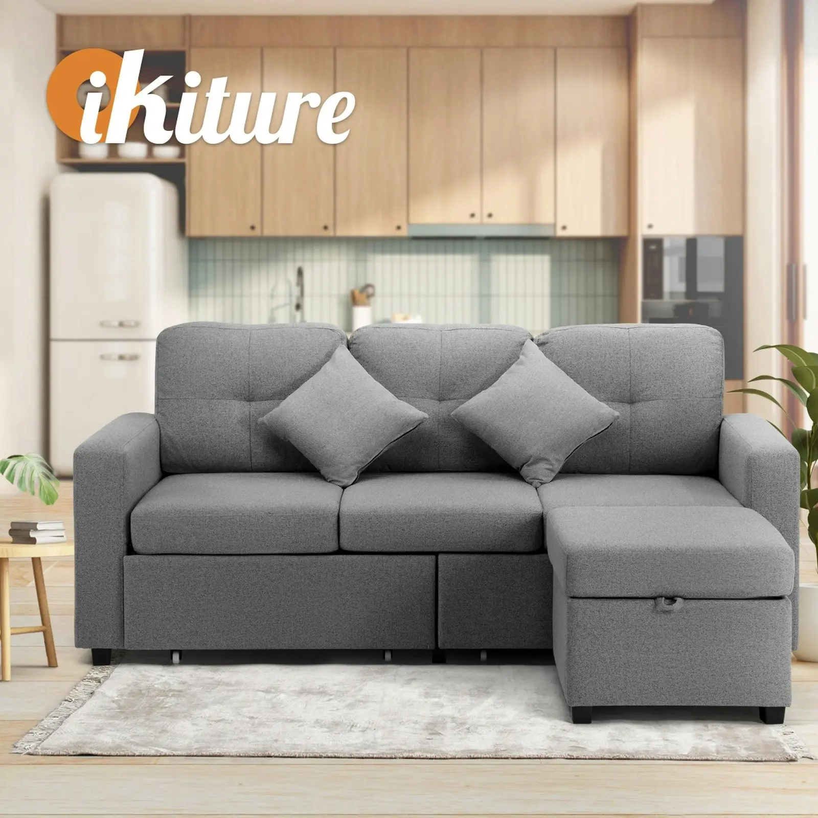 Oikiture Sofa Lounge Chaise Couch Drawers Ottoman Fabric Grey