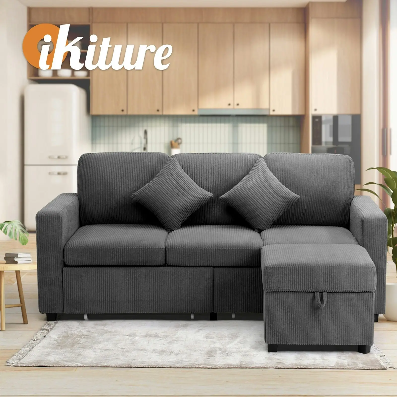 Oikiture Sofa Couch Chaise Lounge Drawers Ottoman Velvet Grey