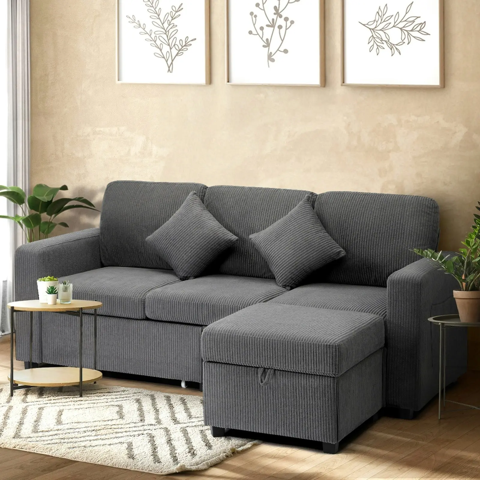 Oikiture Sofa Couch Chaise Lounge Drawers Ottoman Velvet Grey