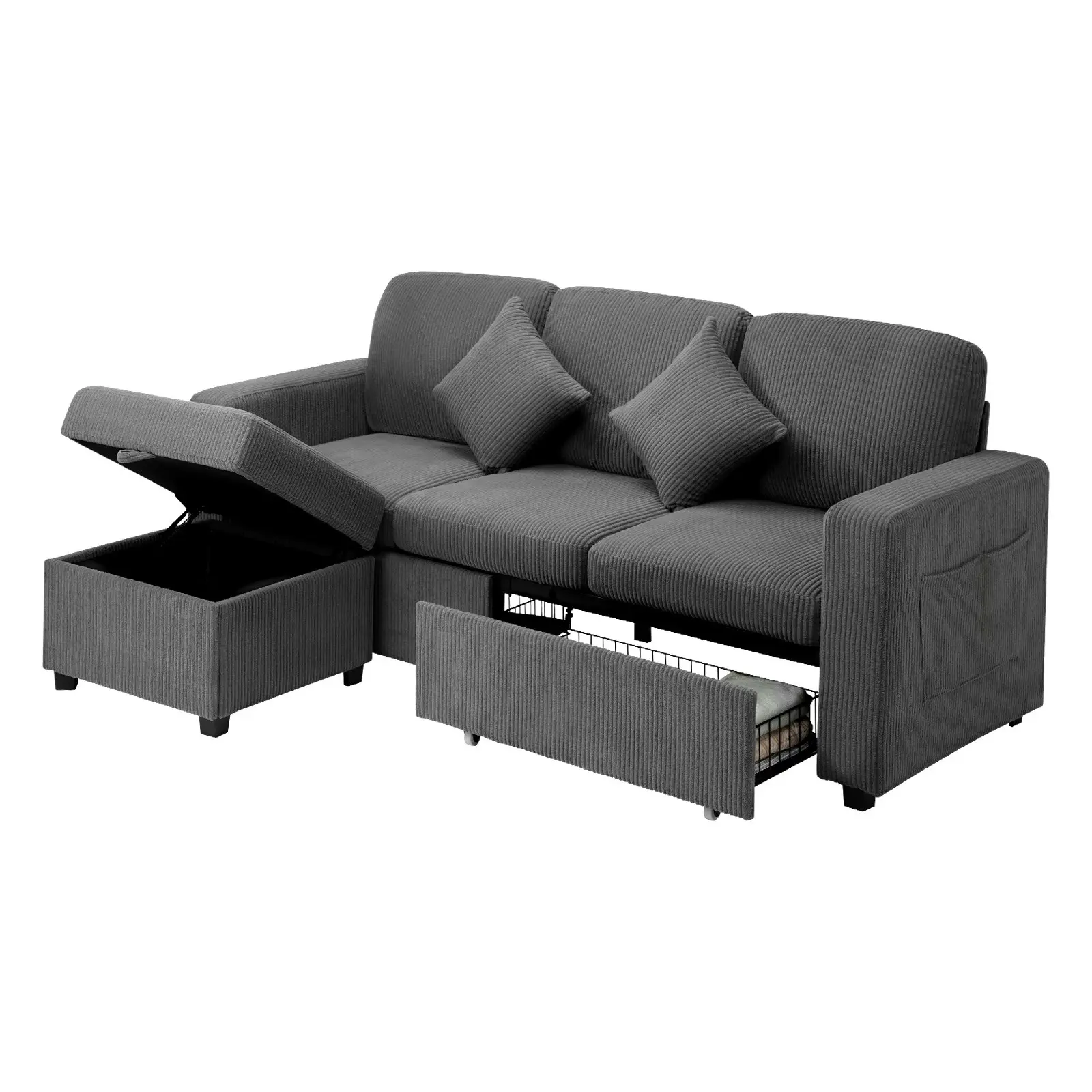 Oikiture Sofa Couch Chaise Lounge Drawers Ottoman Velvet Grey