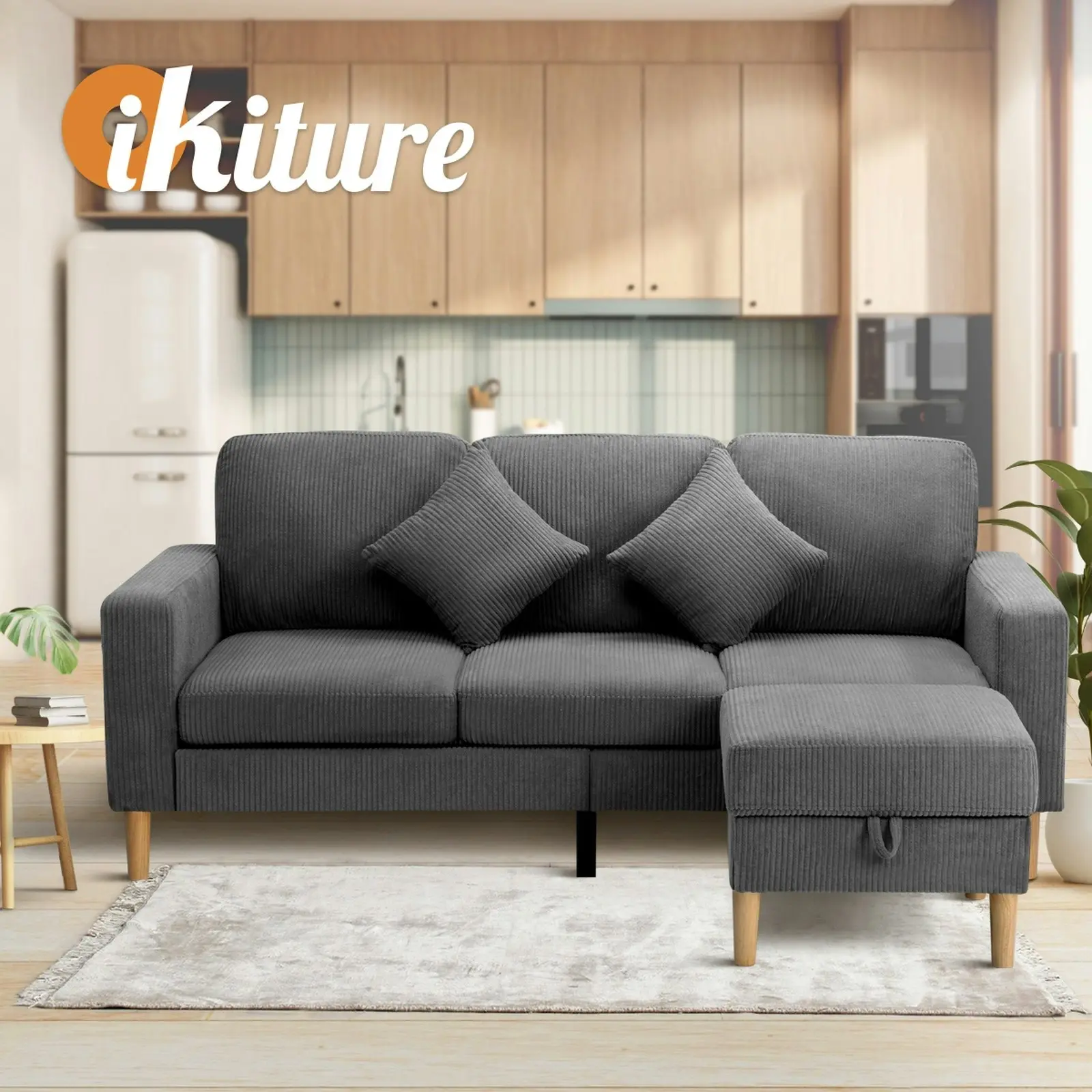 Oikiture Sofa Lounge Set Ottoman Velvet Grey