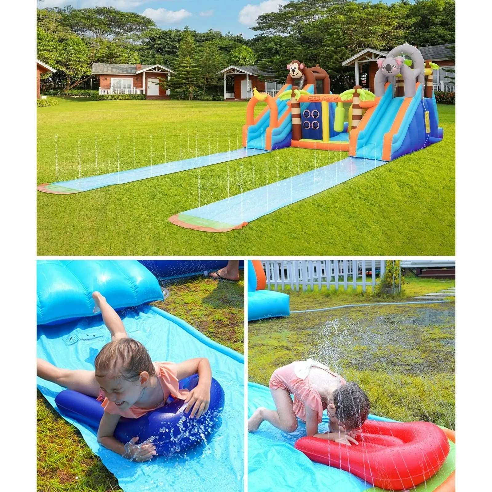 AirMyFun 12 Play Zones Inflatable Dual Water Slide Animal Theme Jumping Castle