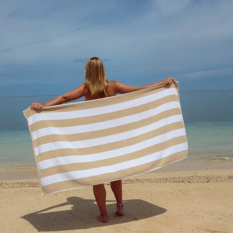 Canningvale Striped Cabana Cotton Terry Beach Towel (80x160cm) - Sandstorm