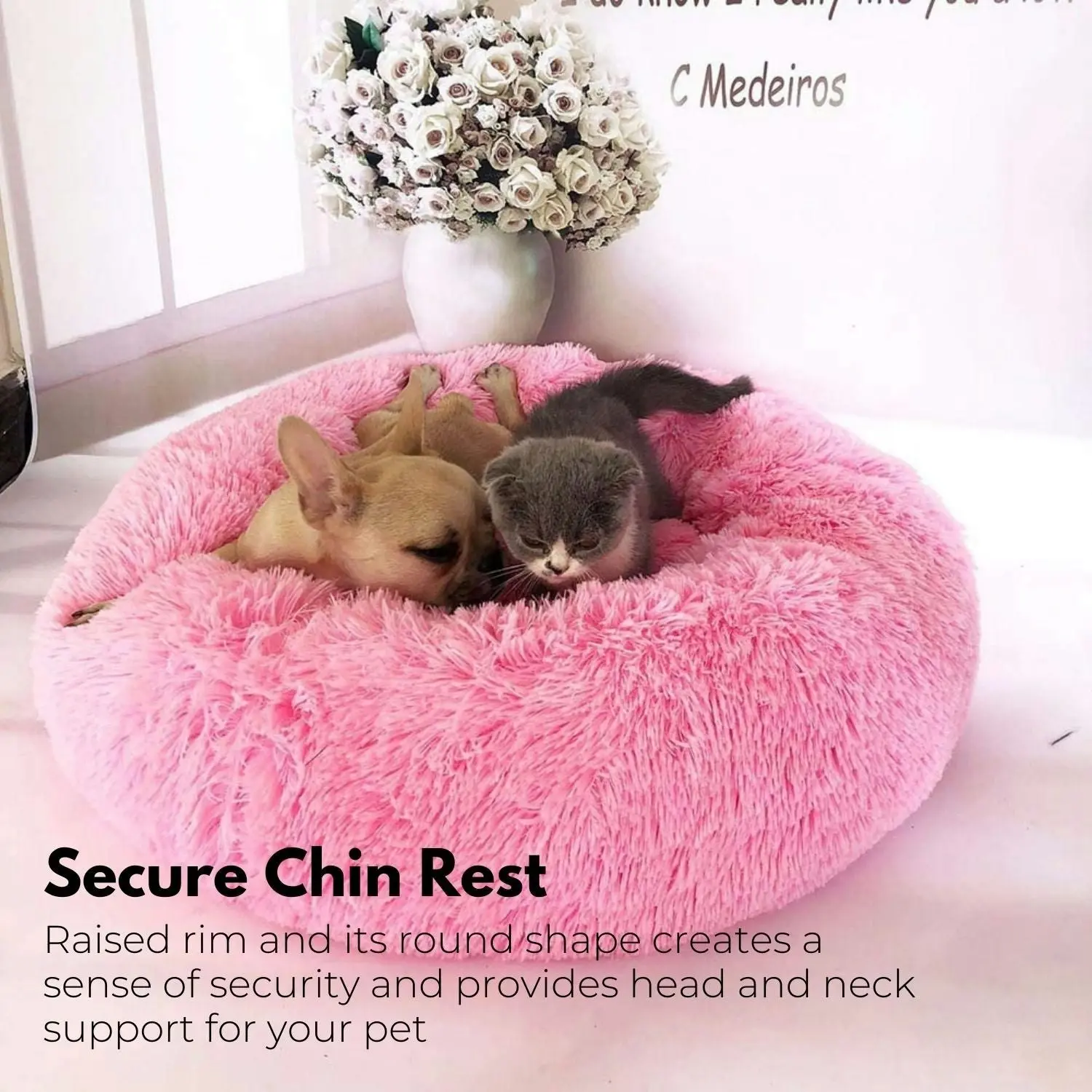 Floofi Calming Pet Bed Round Soft Comfy Plush Sleeping Washable 60cm Rose Gold