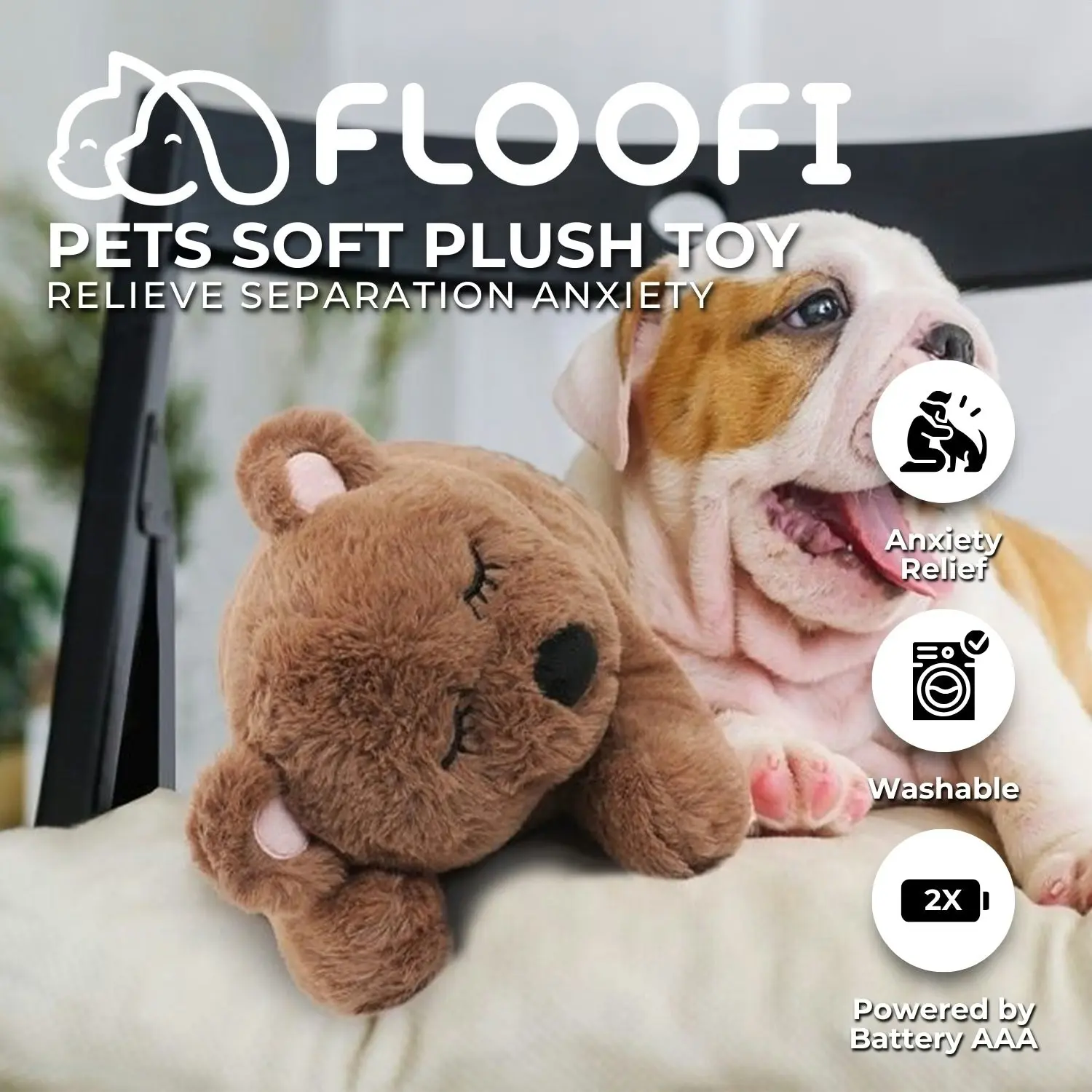 Floofi Heartbeat Soft Plush Sleeping Buddy Pet Dog Anxiety Behavioral Aid Brown