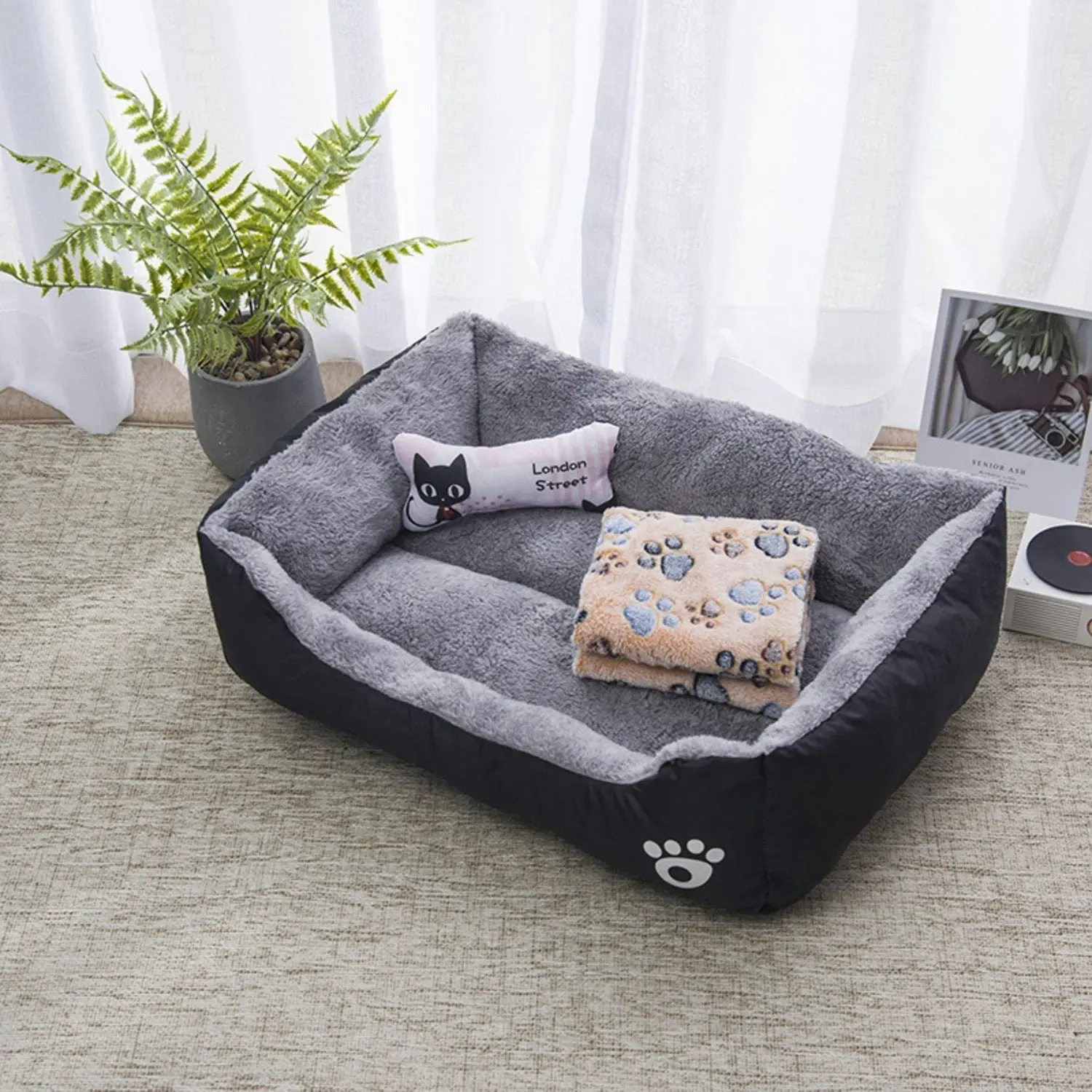 Floofi Dog Cat Calming Comfy Pet Bed Warm Soft Square Washable XL Size Black