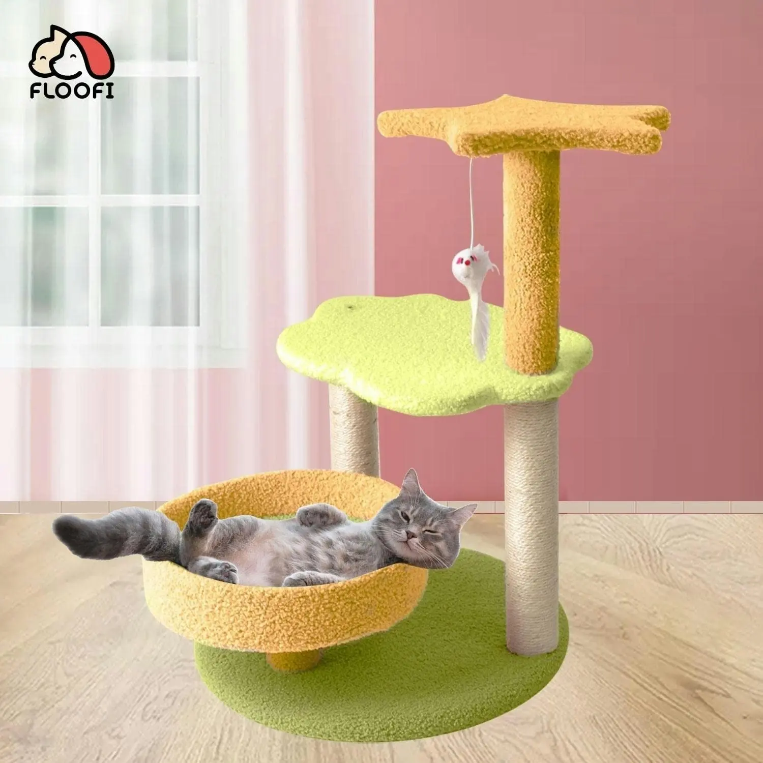 Floofi 75cm Galaxy Scratching Post Cat Scratcher Tree Furniture Bed Yellow Green