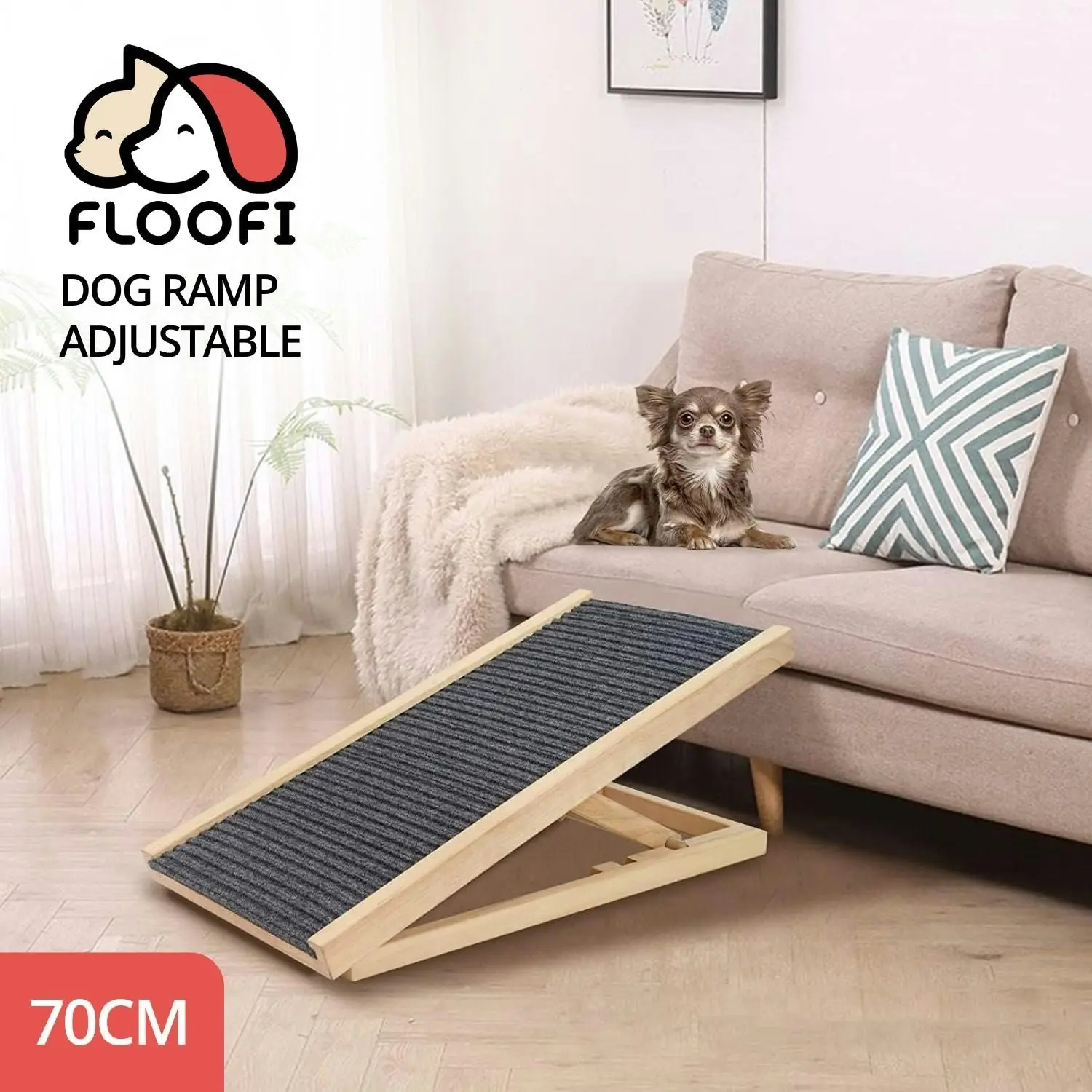 Floofi Adjustable Foldable 70x35cm Steps Climbing Wooden Pet Ramp - Dark Grey and Wood