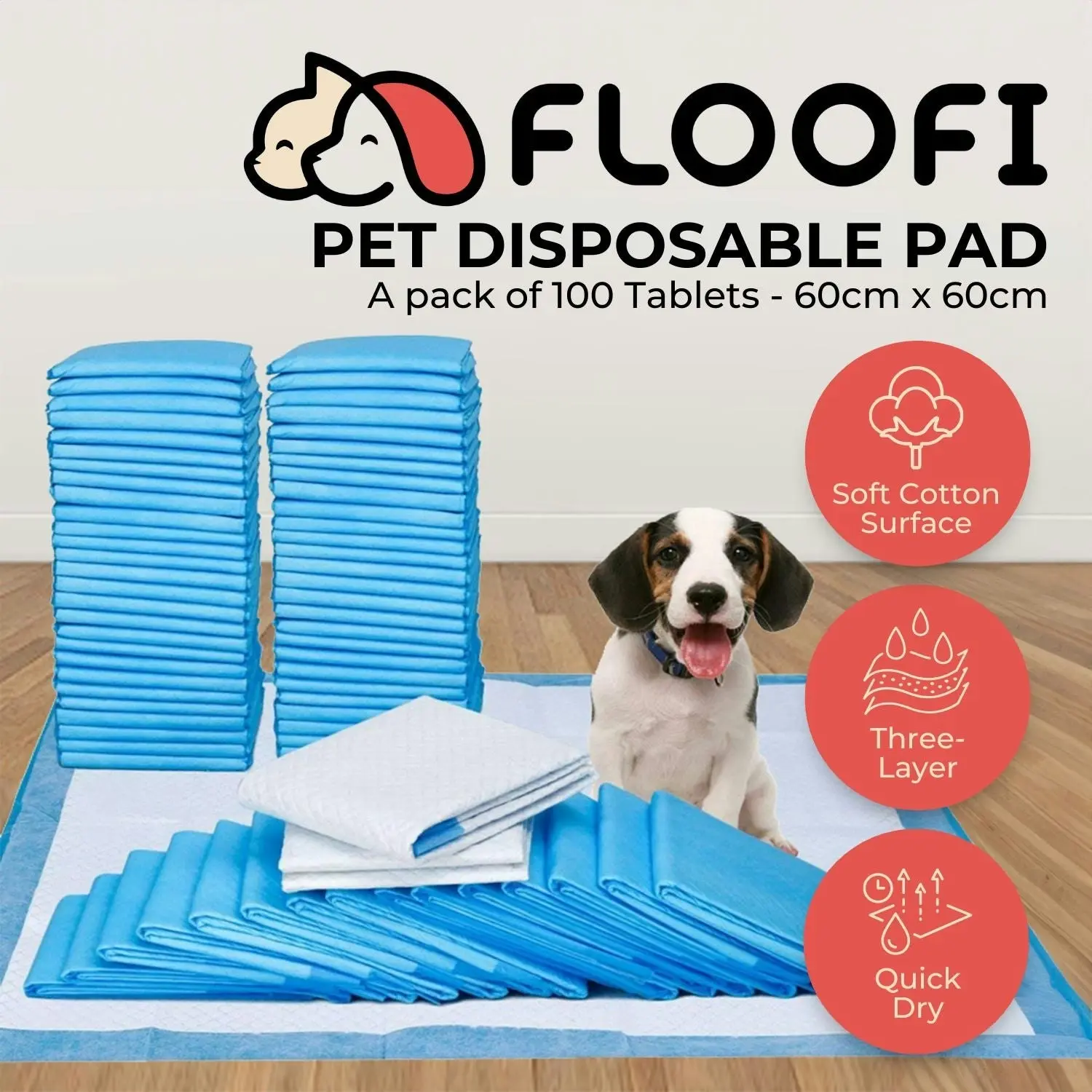 Floofi Pet Training Pads 100pcs Puppy Dog Toilet Pee Indoor Super Absorbent Blue