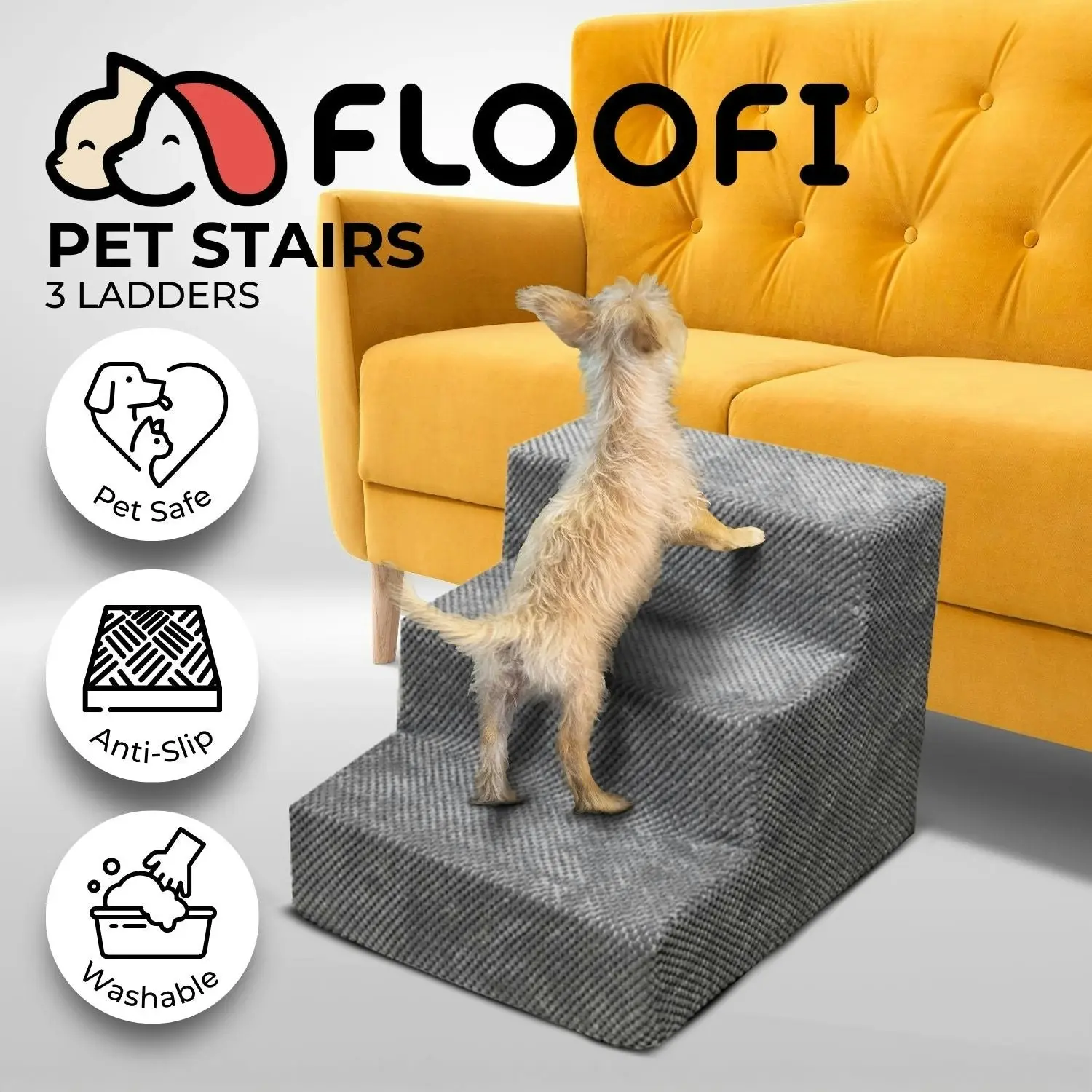 Floofi 3 Tier Detachable Ladder Cat Puppy Memory Foam Pet Stairs with Washable Cover - Grey