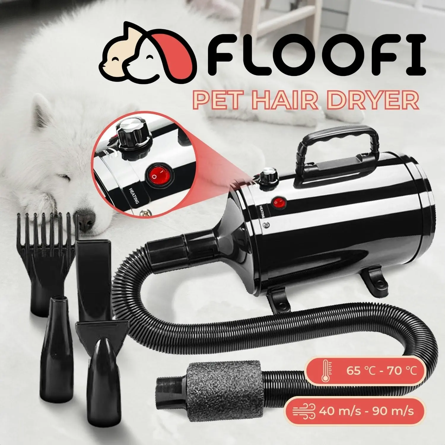 Floofi Pet Hair Dryer Advance Button Version Adjustable Wind Control Black