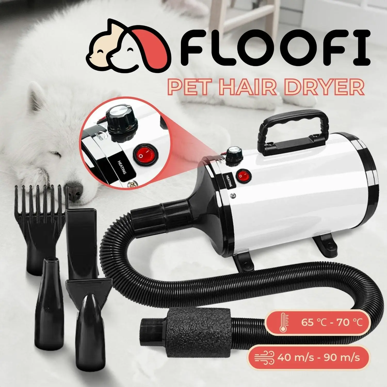 Floofi Dog Cat Pet Hair Dryer Advance Button Version White