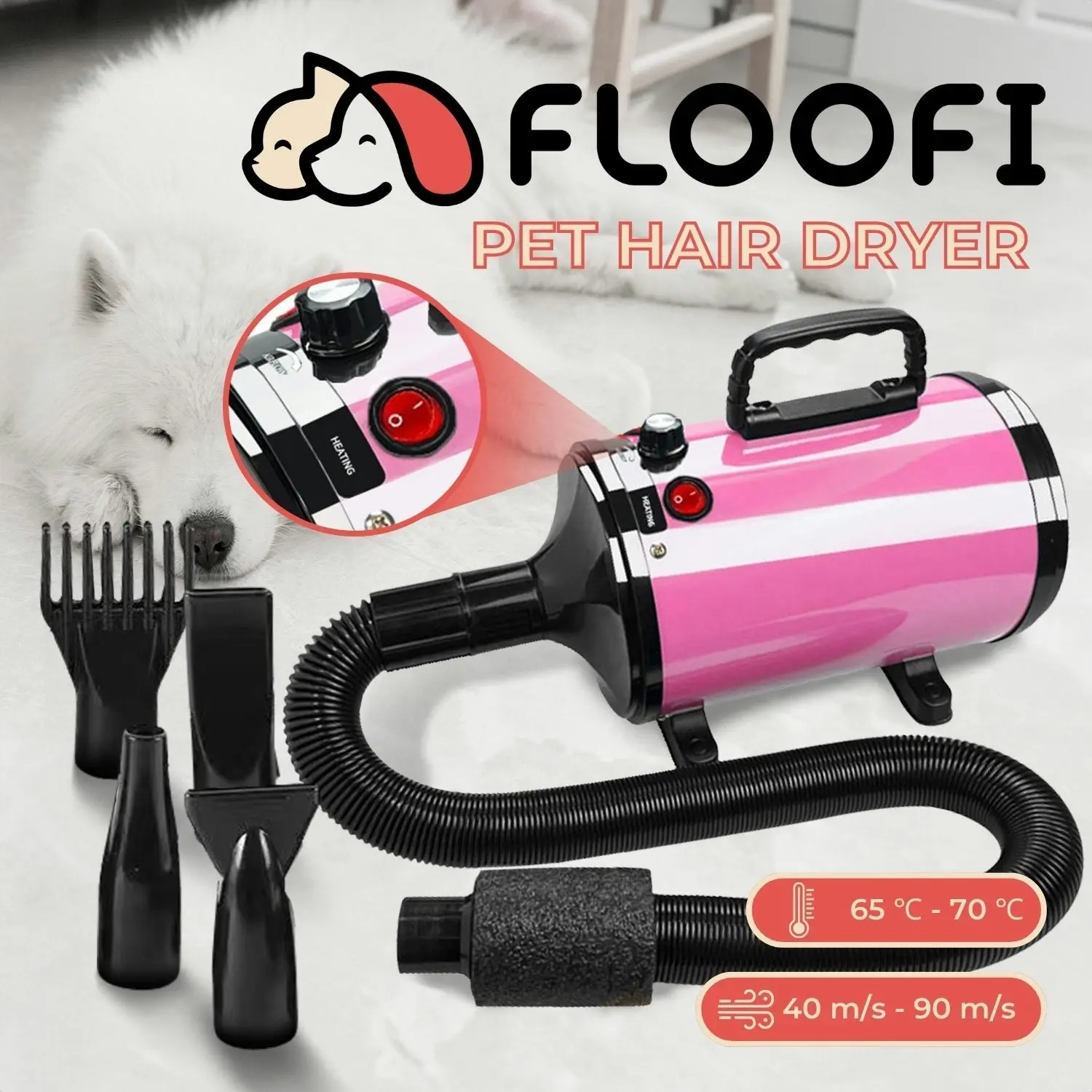 Floofi Versatile Nozzles Noise Reduction Advance Button Version Pet Hair Dryer - Pink