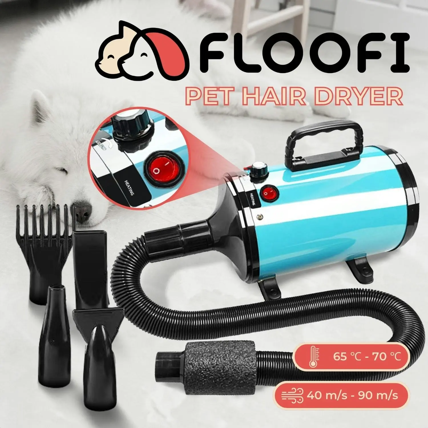 Floofi Dog Cat Pet Hair Dryer Advance Button Version Blue