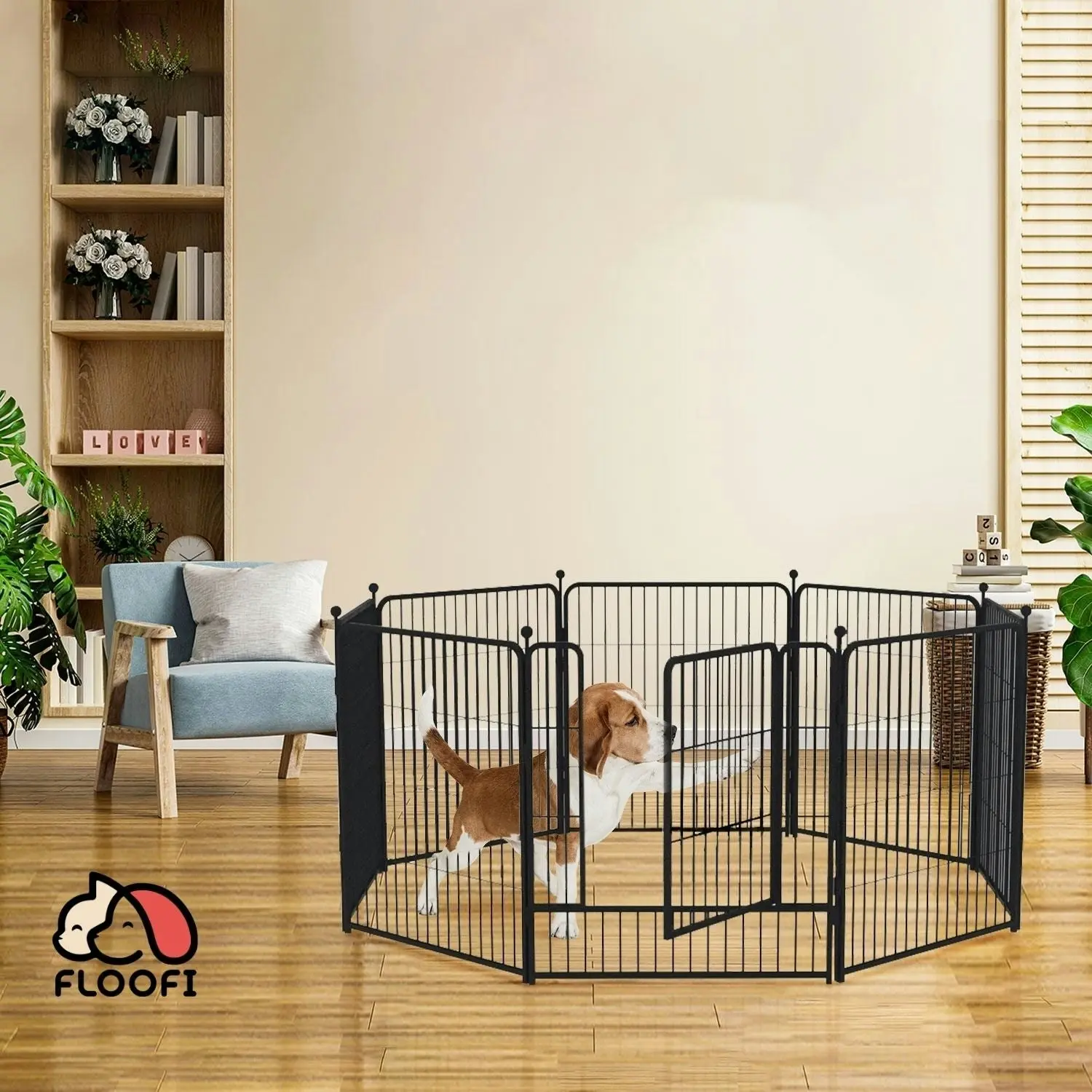 Floofi 8 Panel Portable Steel Crate Pet Puppy Dog Playpen - Black