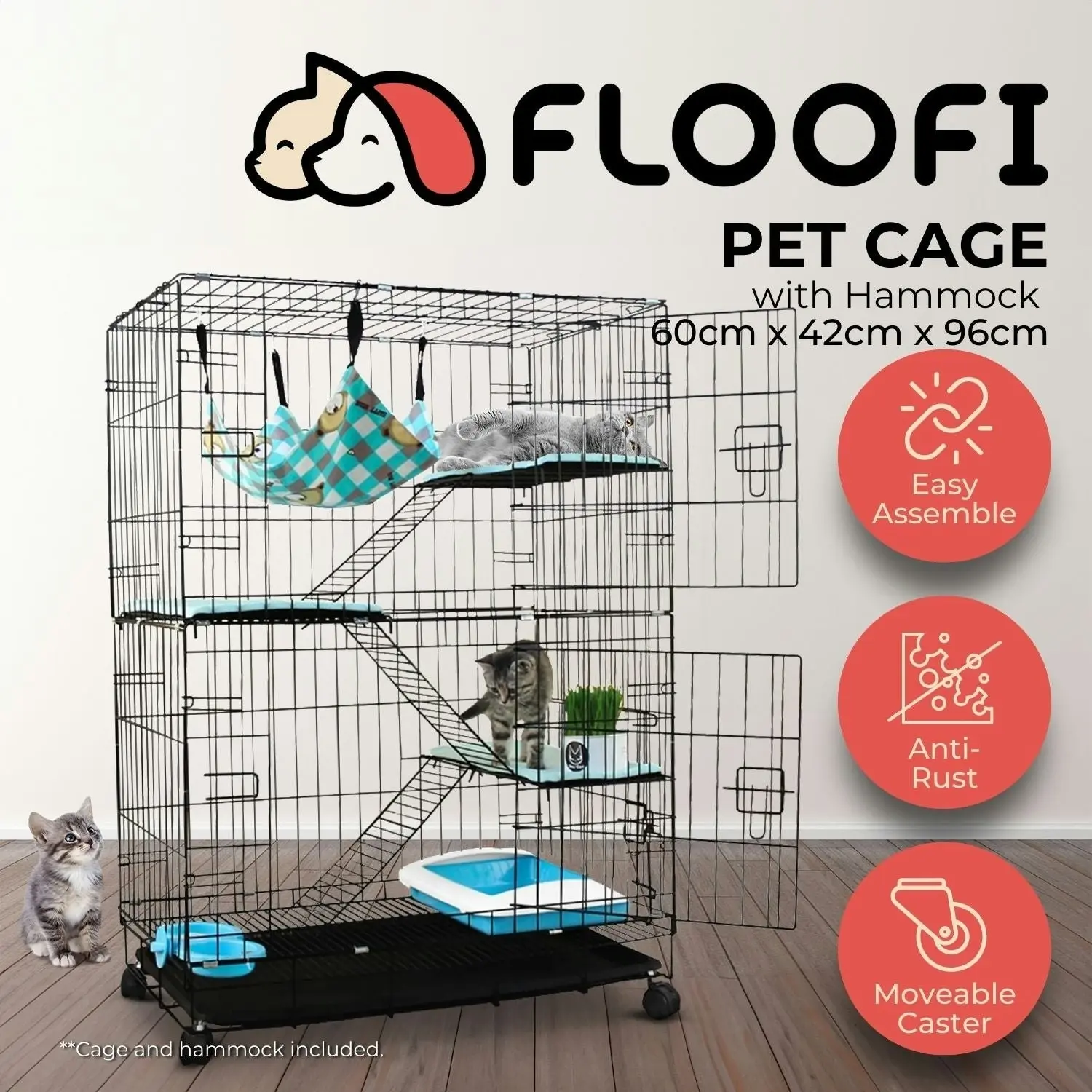 Floofi 3 Level Bird Rabbit Hutch Pet Cage with Casters and Hammock - Black