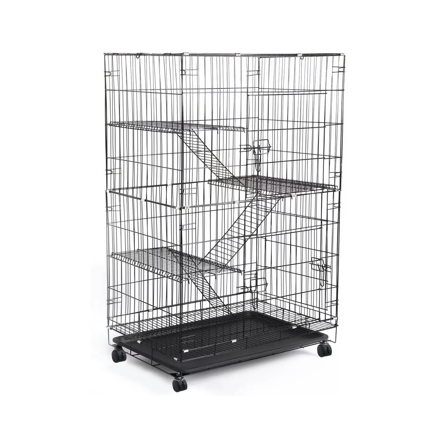 Floofi 3 Level Bird Rabbit Hutch Pet Cage with Casters and Hammock - Black