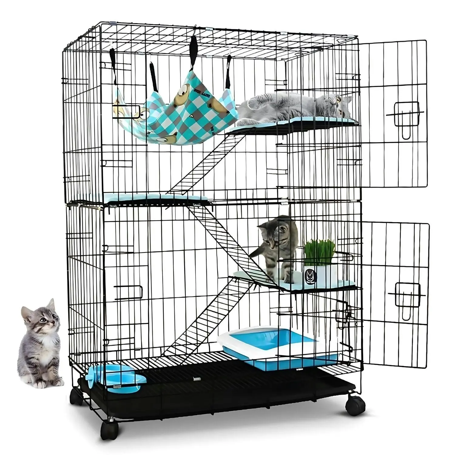 Floofi 3 Level Bird Rabbit Hutch Pet Cage with Casters and Hammock - Black