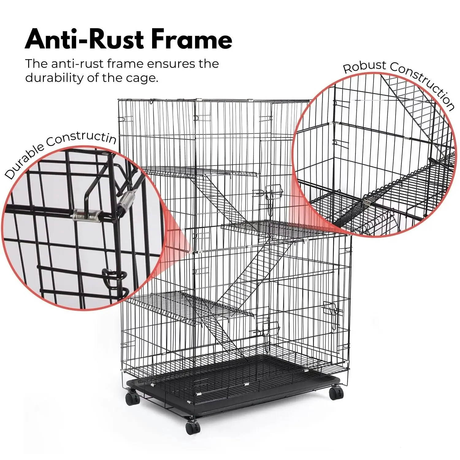 Floofi 3 Level Bird Rabbit Hutch Pet Cage with Casters and Hammock - Black