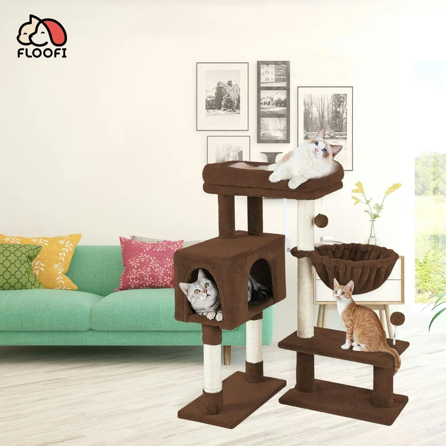 Floofi 97cm Adjustable Base Cat Tree Scratching Post Tower House Furniture Brown