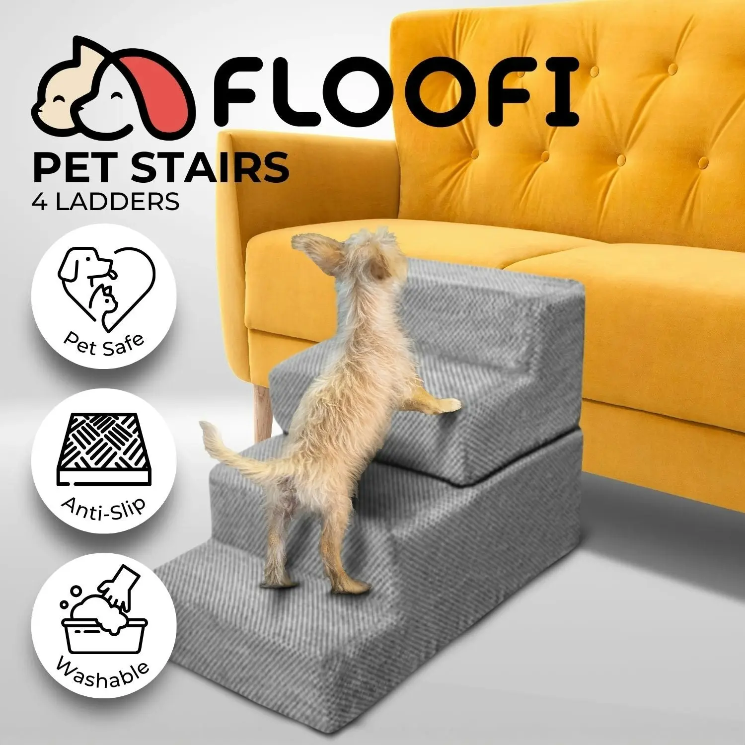 Floofi 4-Steps Pet Stairs Sofa Bed Dog Ramp Memory Foam Removable Washable Cover