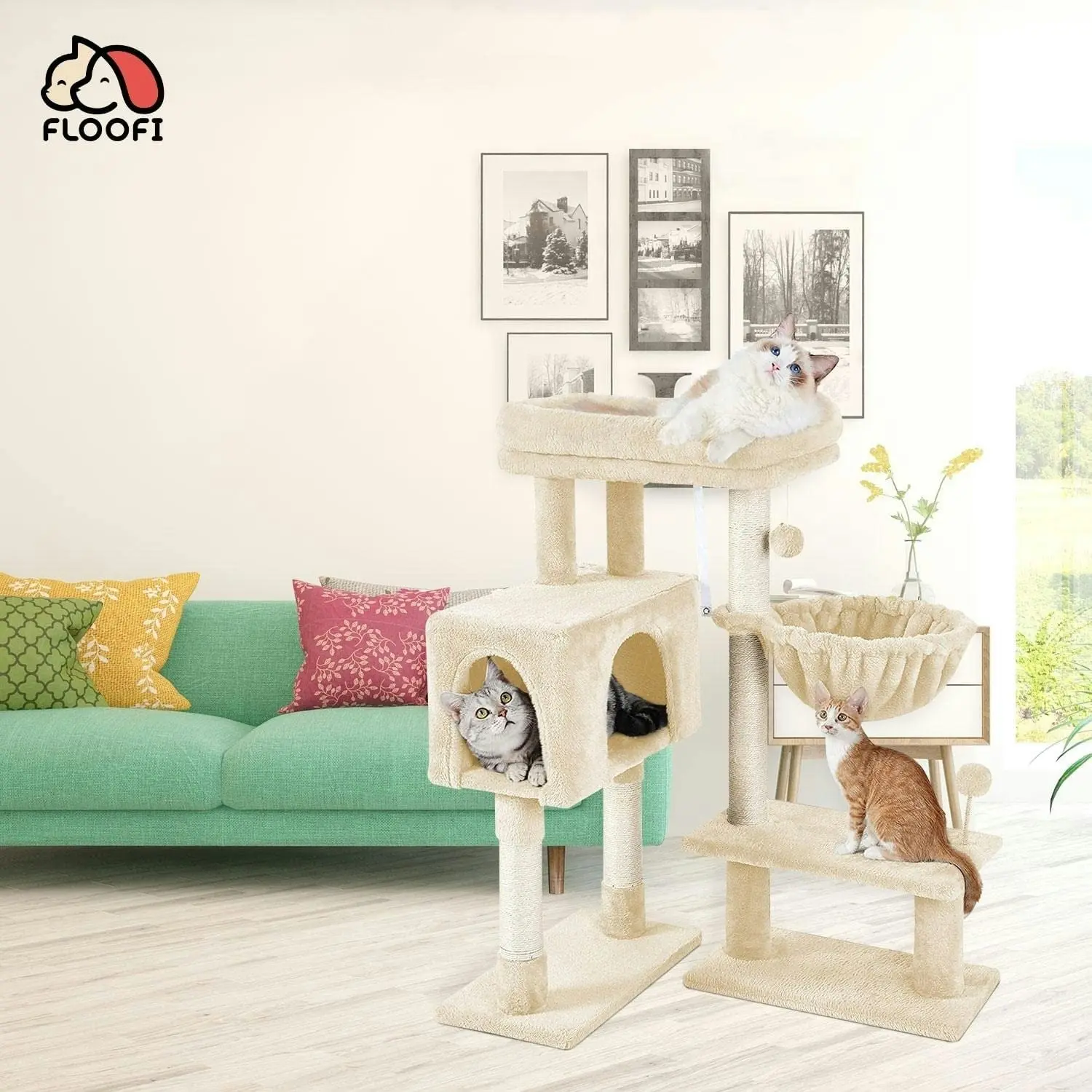 Floofi 97cm Adjustable Base Cat Tree Scratching Post Tower House Furniture Beige