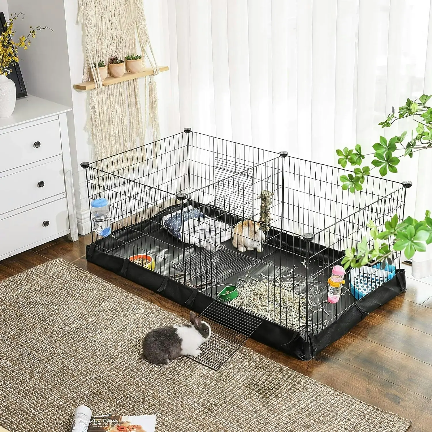 SONGMICS 2 Separate Spaces Pet Playpen with Divider Panel and Floor Mat Black