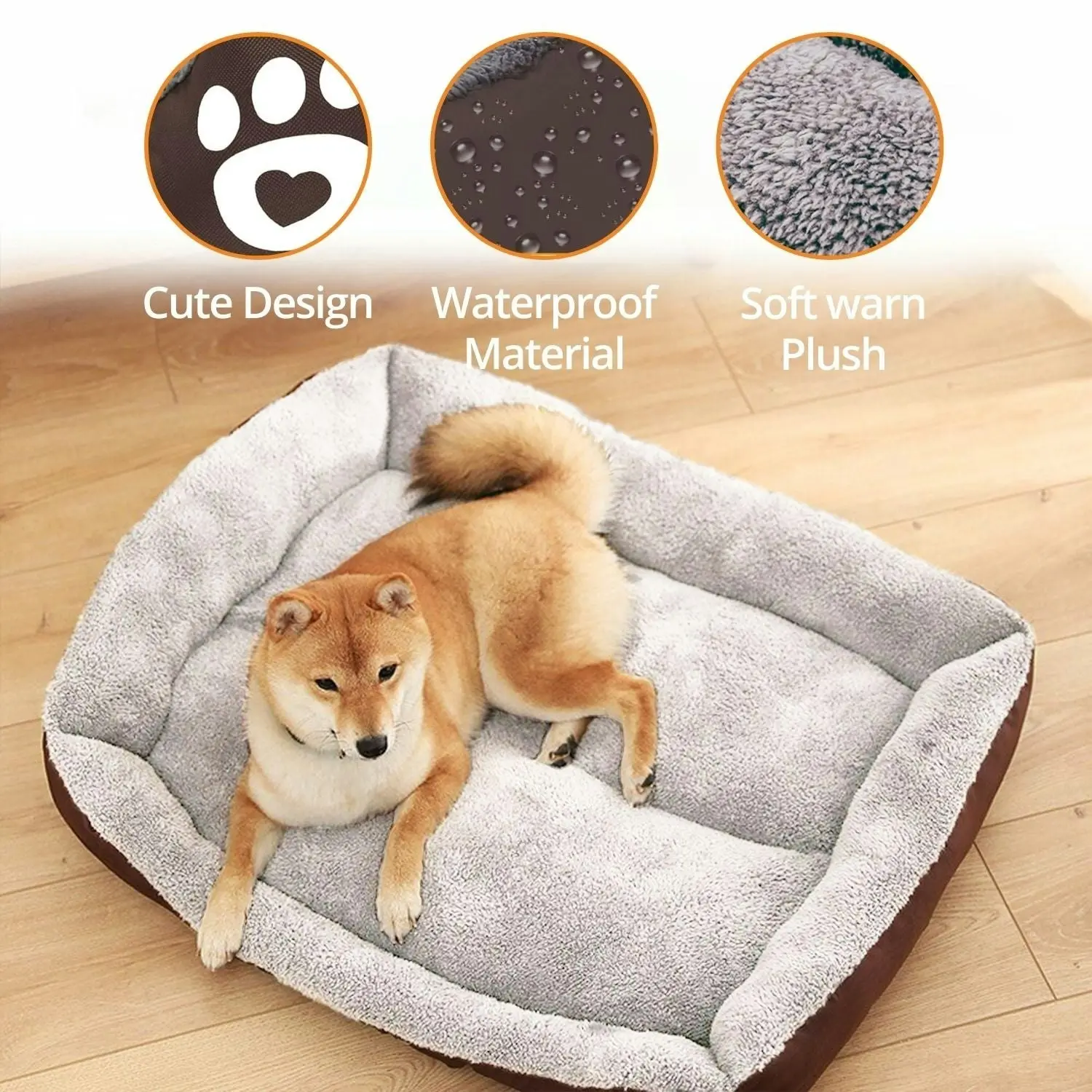 Floofi Dog Cat Calming Comfy Pet Bed Warm Soft Square Washable L Size Coffee