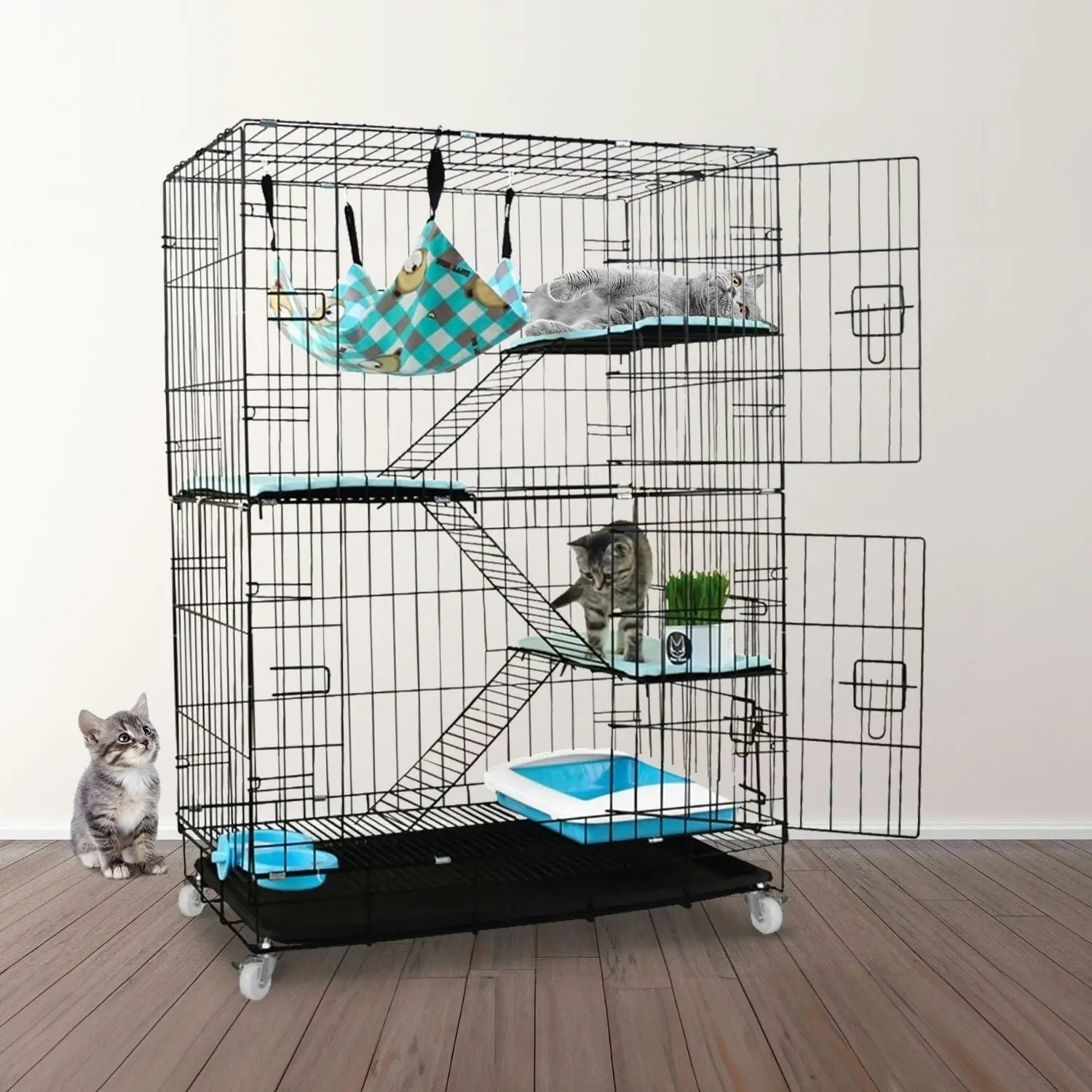 Floofi 4 Level Bird Rabbit Hutch Pet Cage with Casters and Hammock - Black