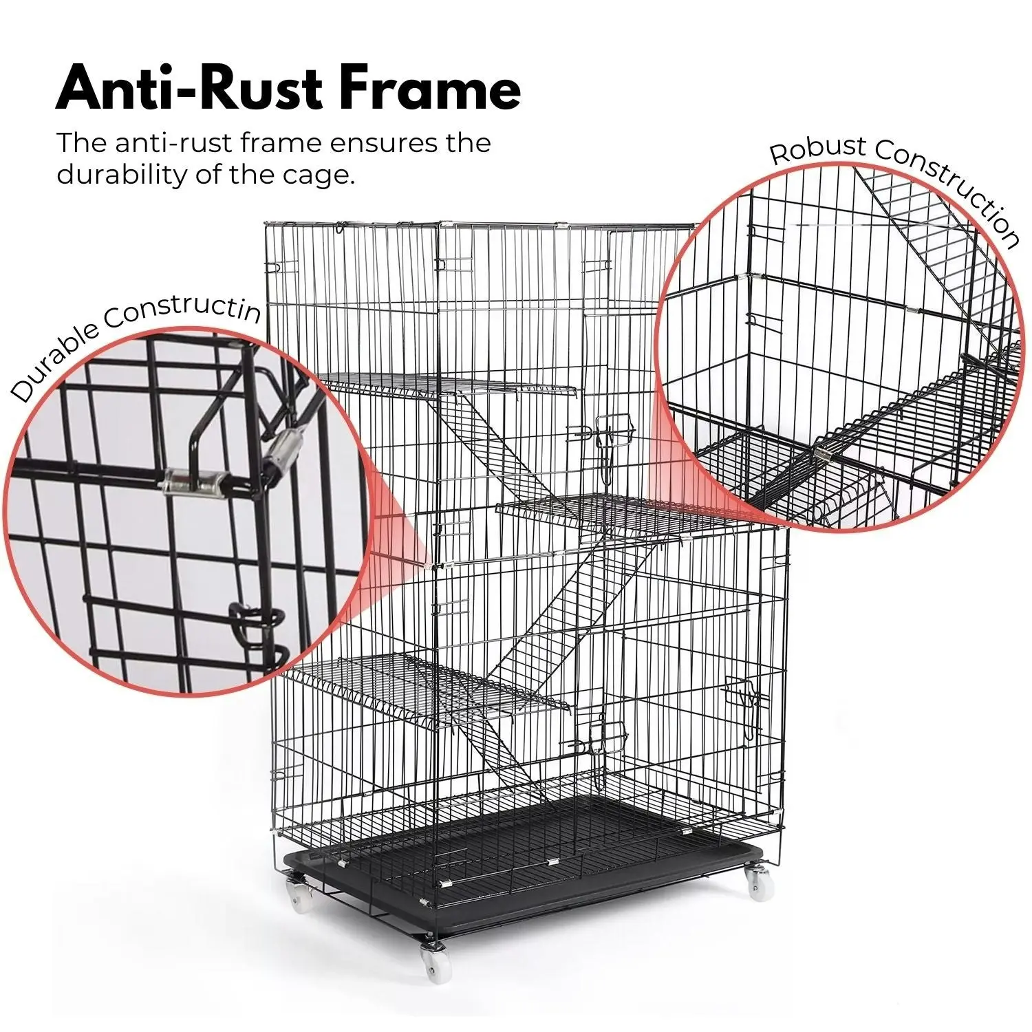 Floofi 4 Level Bird Rabbit Hutch Pet Cage with Casters and Hammock - Black