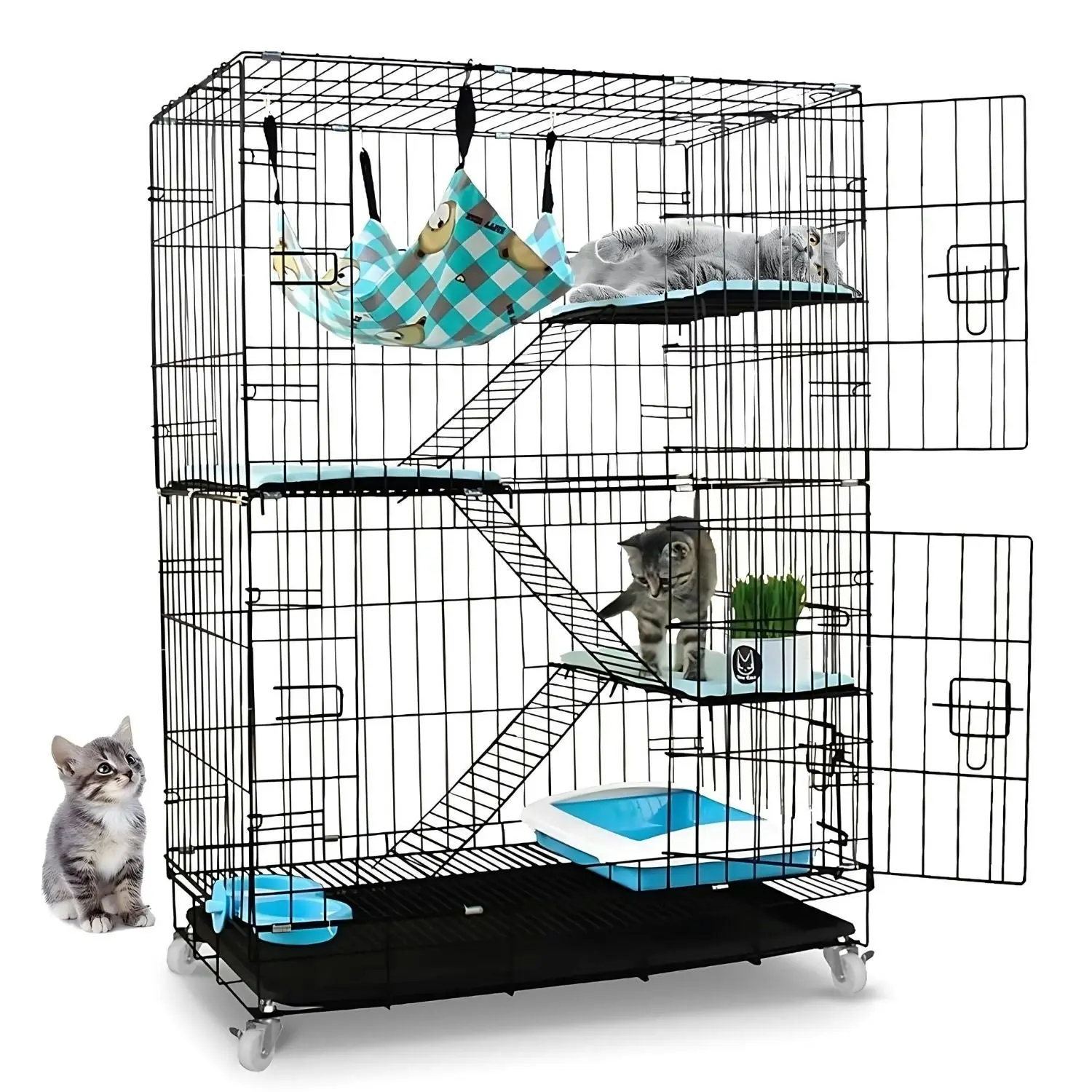 Floofi 4 Level Bird Rabbit Hutch Pet Cage with Casters and Hammock - Black