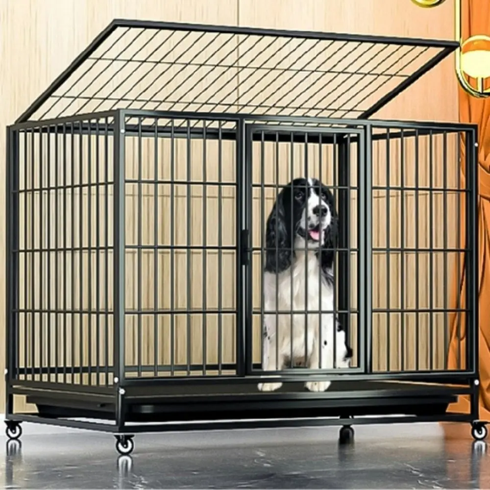 Floofi 46" Foldable Metal Fence Cat Dog Crate Kennel Pet Cage with Wheels - Black