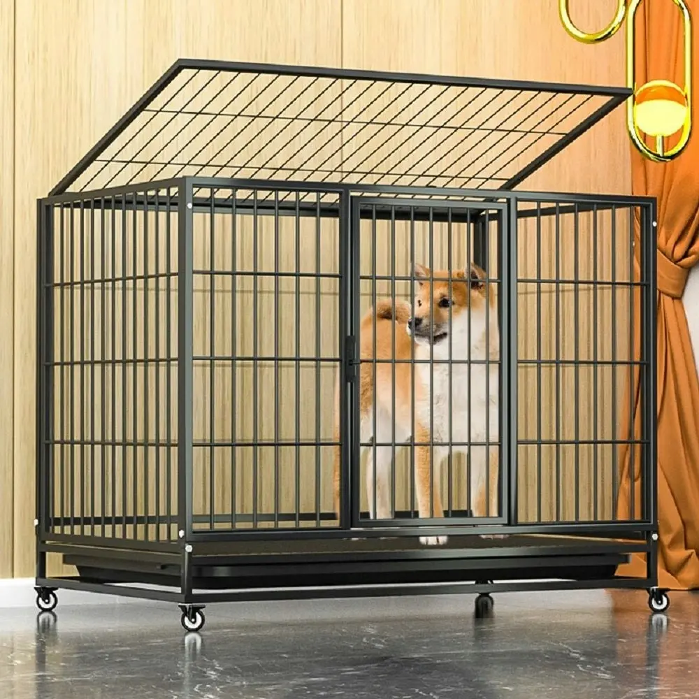 Floofi 46" Foldable Metal Fence Cat Dog Crate Kennel Pet Cage with Wheels - Black