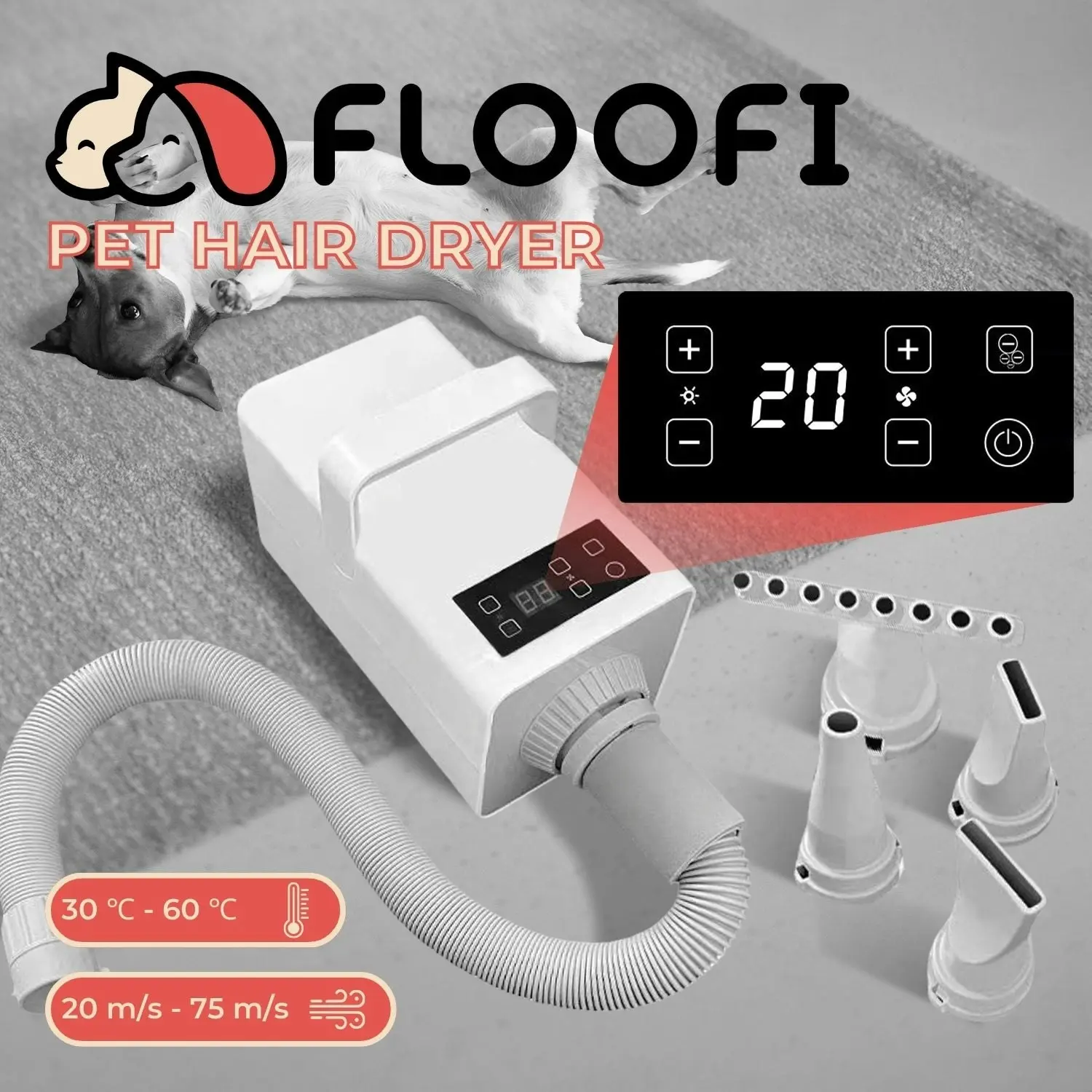 Floofi LED Display Pet Hair Dryer - White