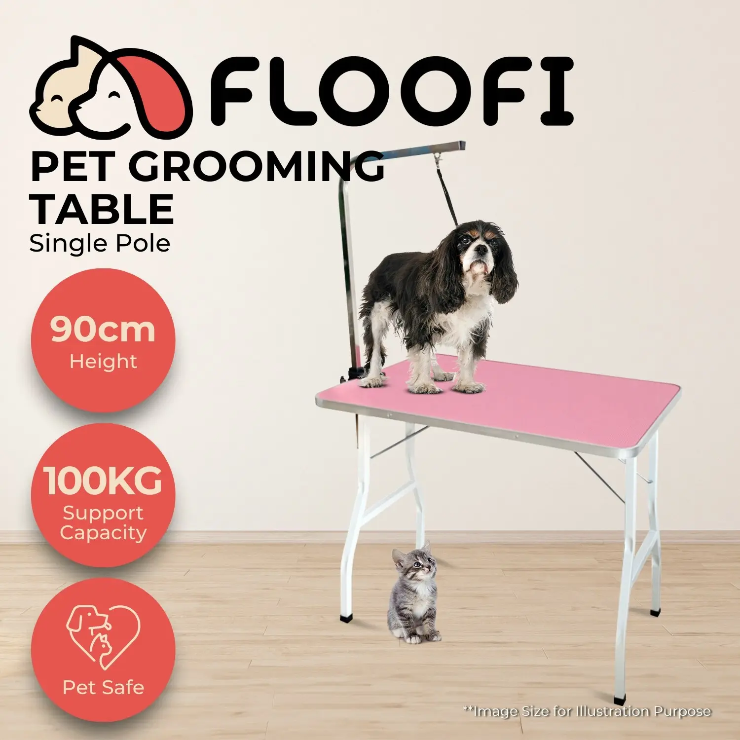 Floofi Foldable Adjustable Height 90cm Single Pole Pet Grooming Table - Pink