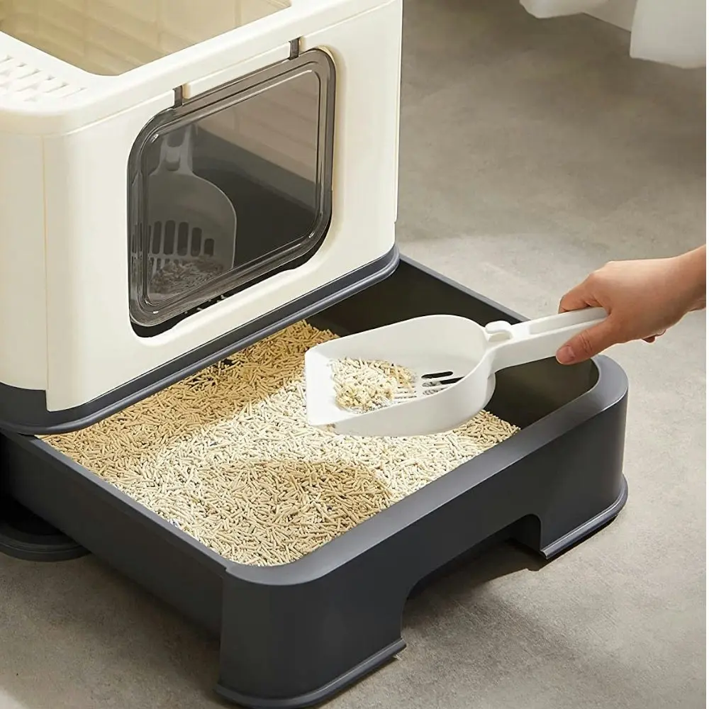 FEANDREA Cat Litter Tray with Lid and Door Beige and Black PPT001W01