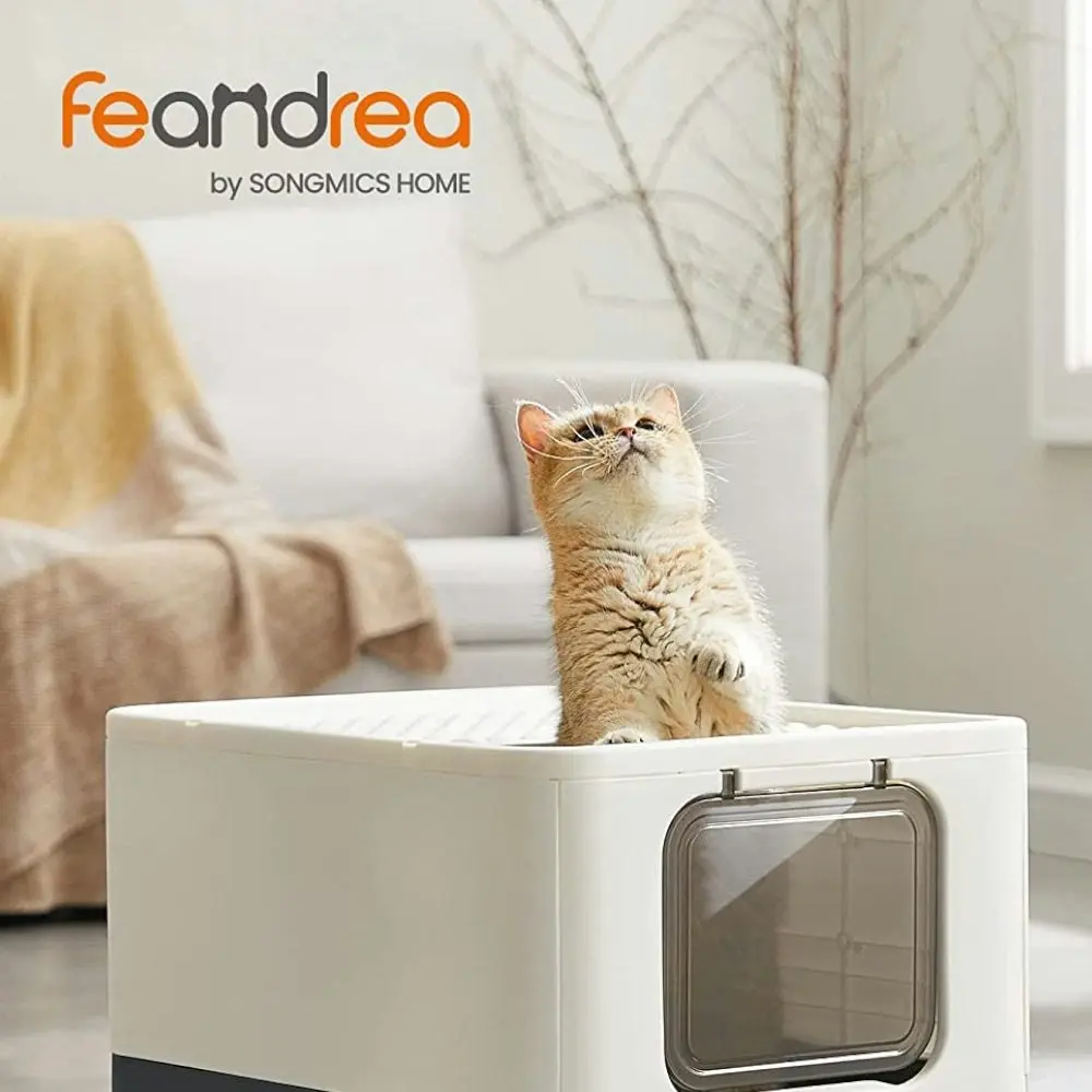 FEANDREA Cat Litter Tray with Lid and Door Beige and Black PPT001W01