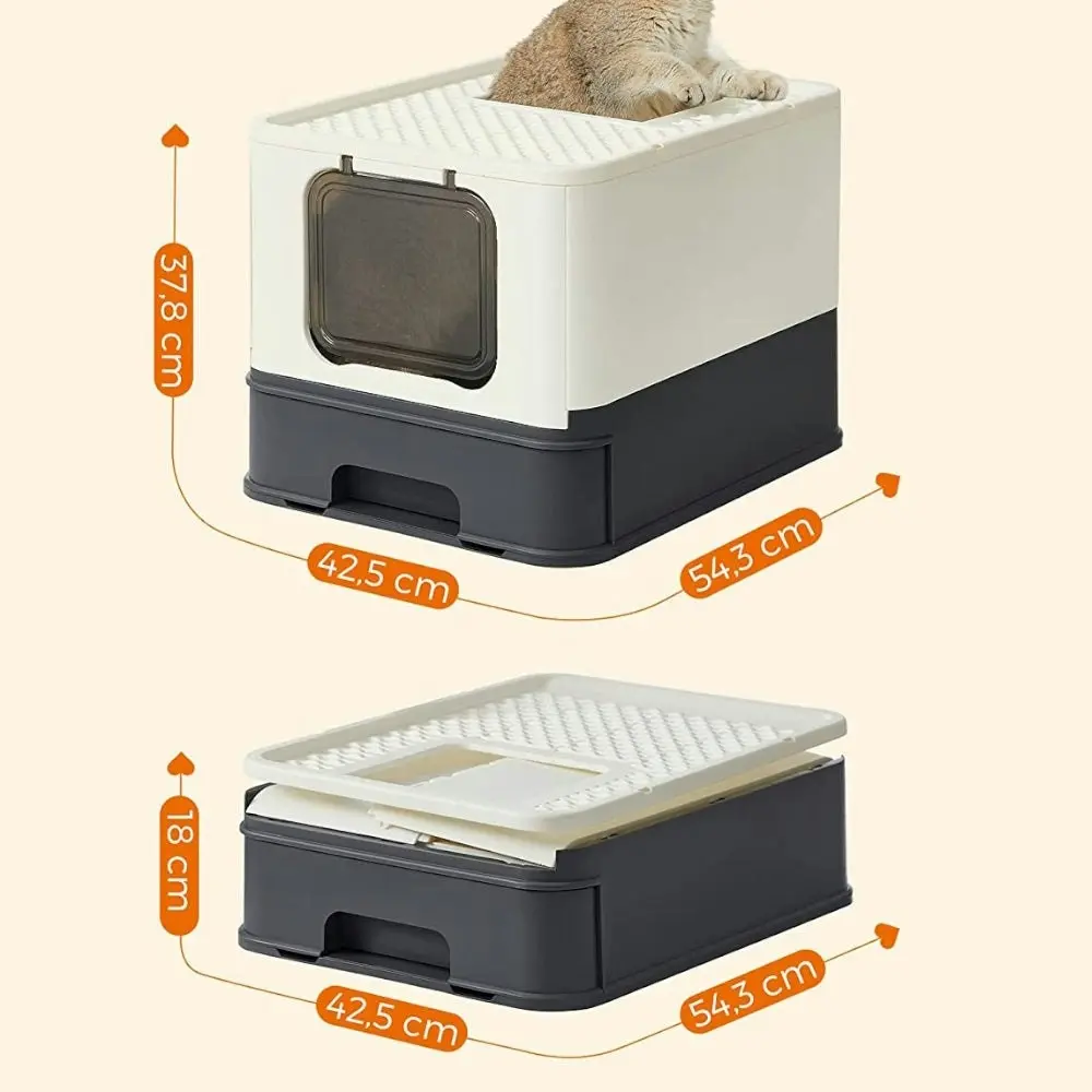 FEANDREA Cat Litter Tray with Lid and Door Beige and Black PPT001W01