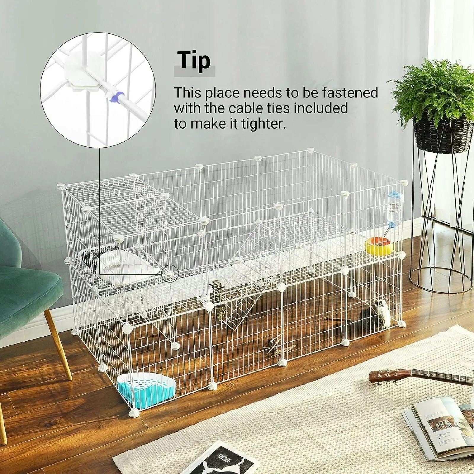 SONGMICS Dog Cat Two Pet Playpen Story Metal Wire Enclosure Fence with Zip Ties