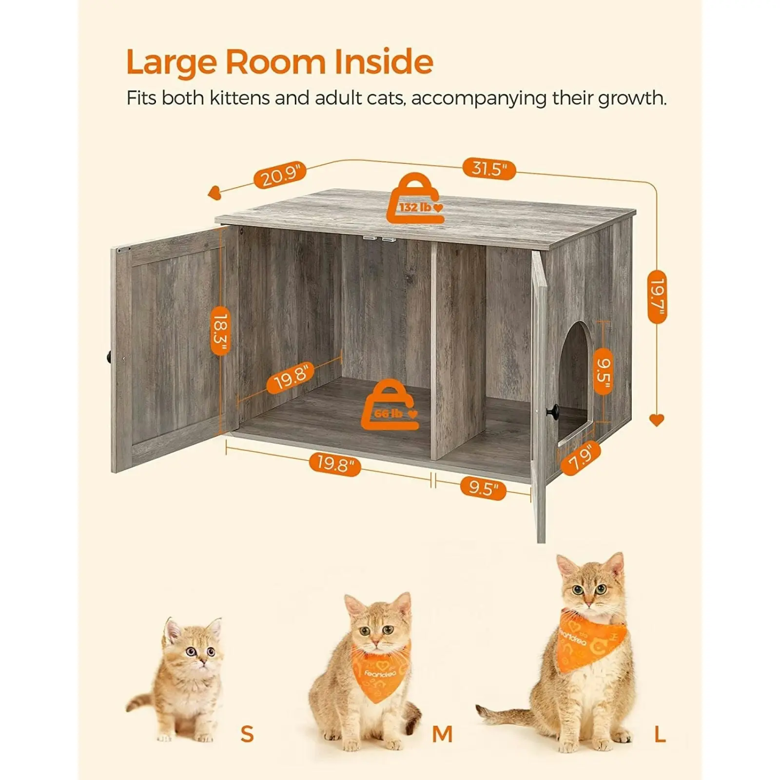 FEANDREA Cat Litter Box Pet House Enclosure Hidden Washroom Shelter Greige