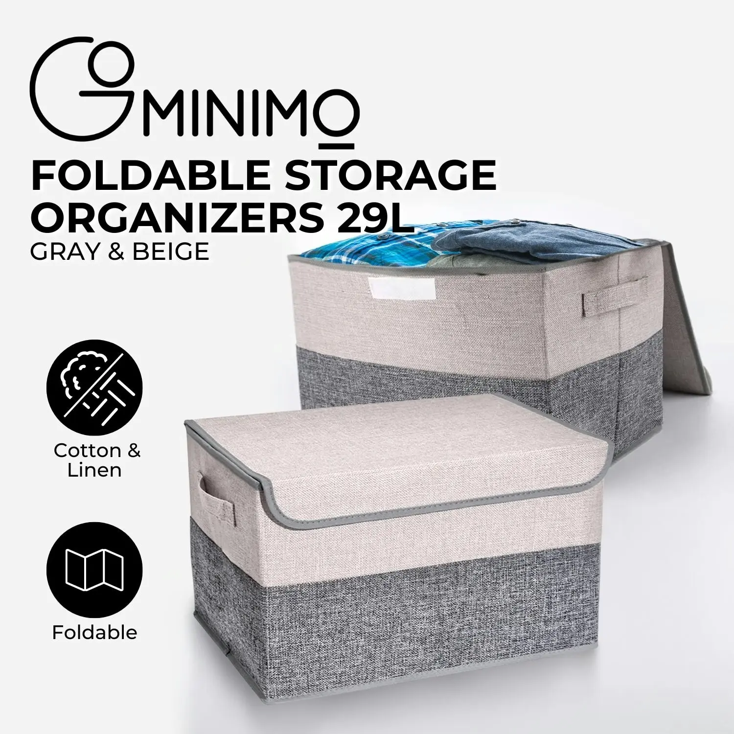 Gominimo 2 Pack 29L Linen Foldable Storage Organizers Gray and Beige