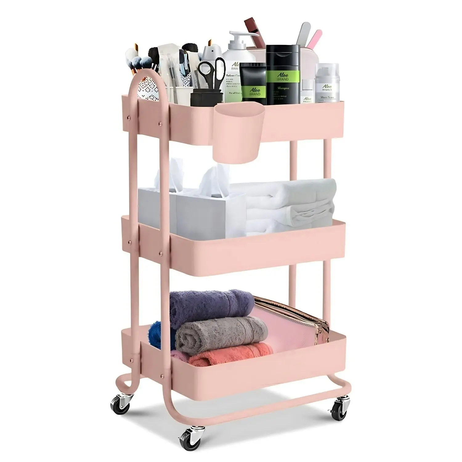 Ekkio 3 Tier Multipurpose Steel Frame Kitchen Storage Rack Organiser Trolley Cart - Pink