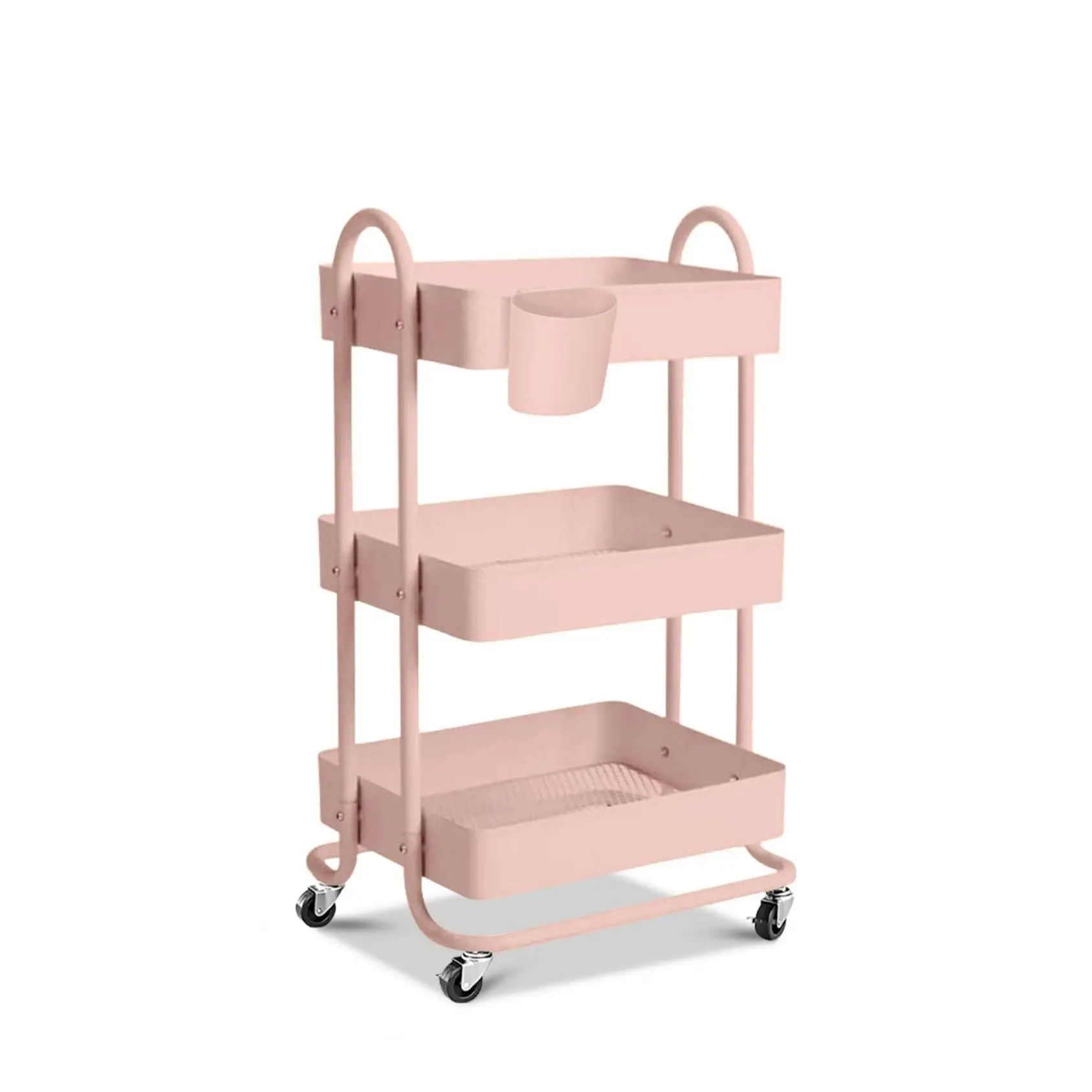 Ekkio 3 Tier Multipurpose Steel Frame Kitchen Storage Rack Organiser Trolley Cart - Pink