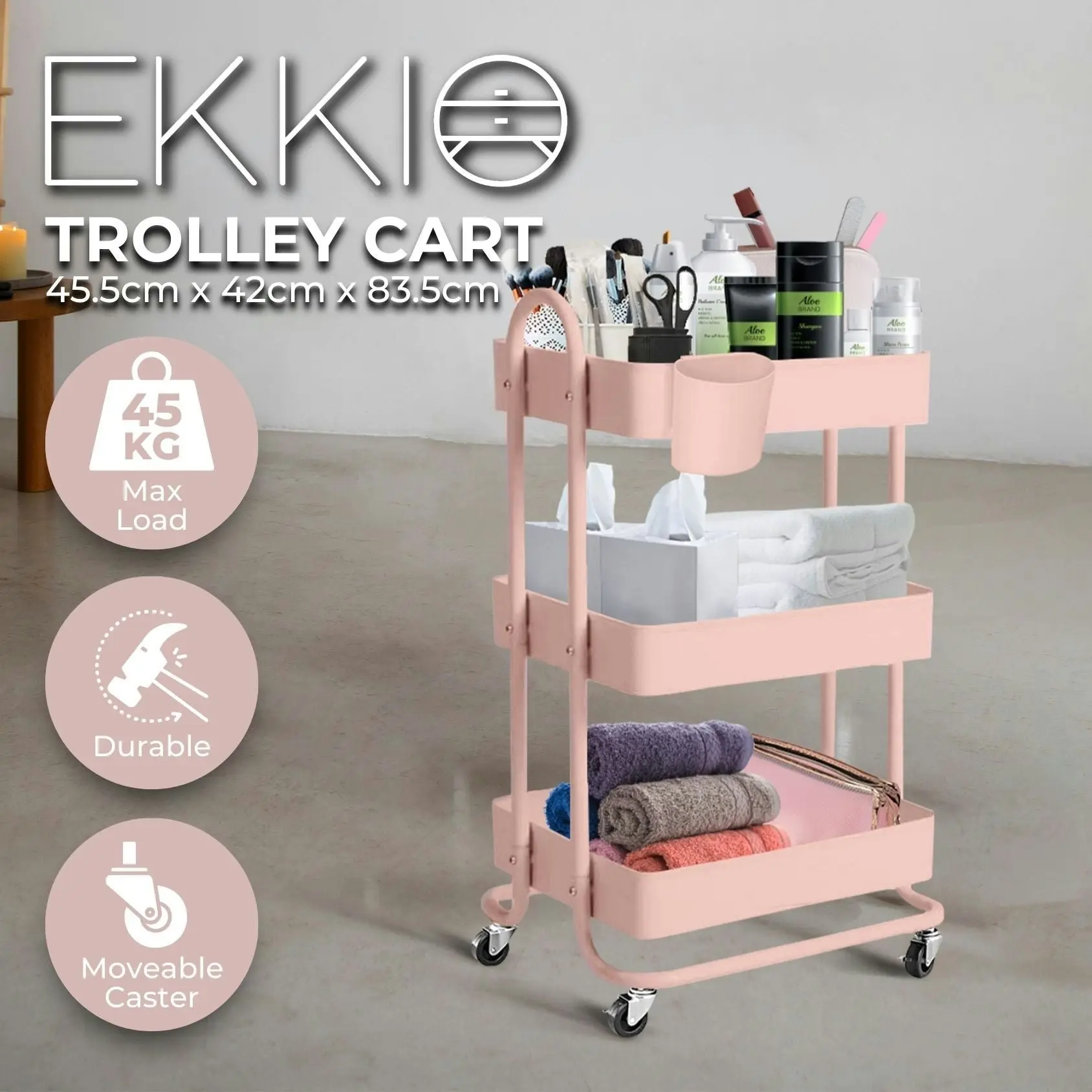 Ekkio 3 Tier Multipurpose Steel Frame Kitchen Storage Rack Organiser Trolley Cart - Pink