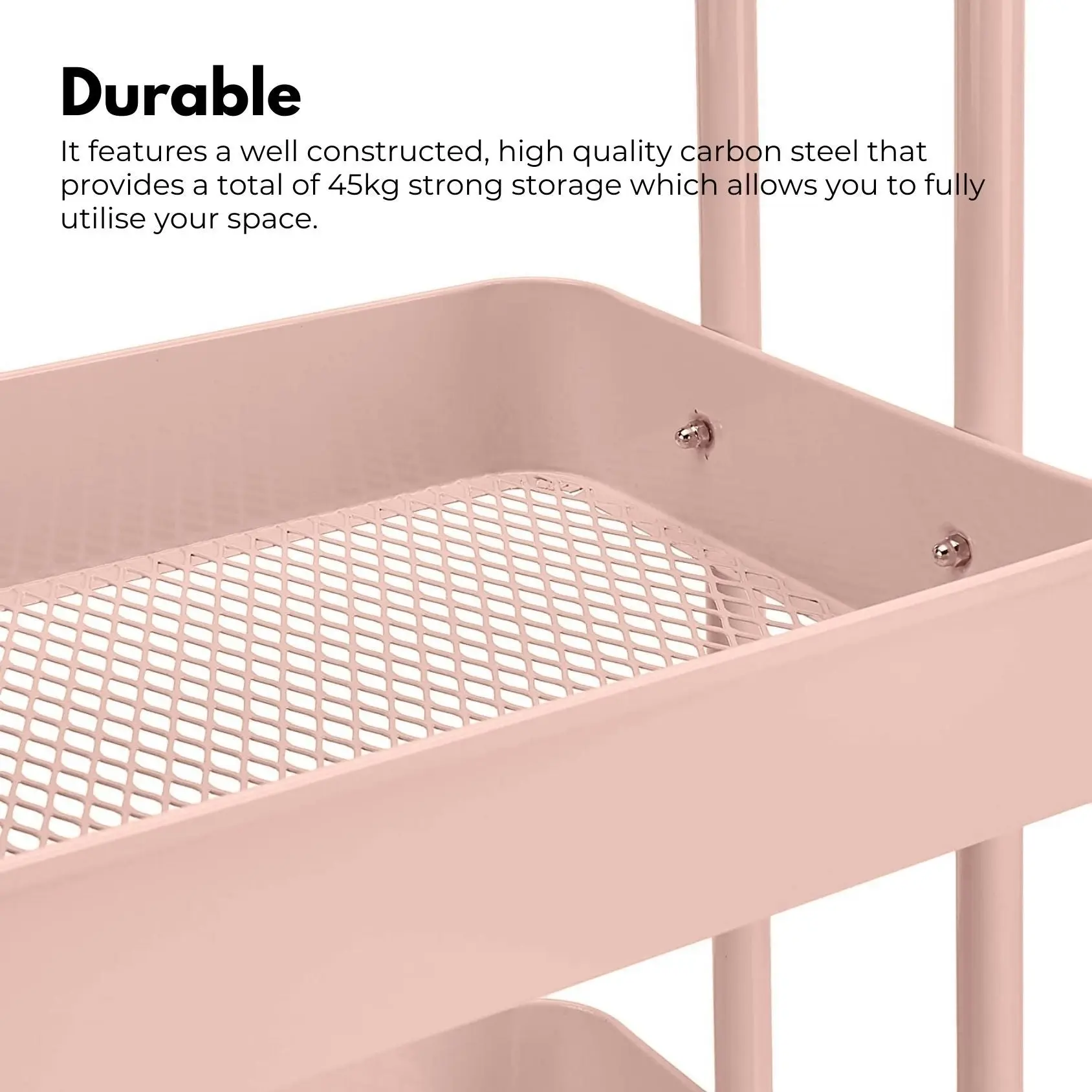 Ekkio 3 Tier Multipurpose Steel Frame Kitchen Storage Rack Organiser Trolley Cart - Pink