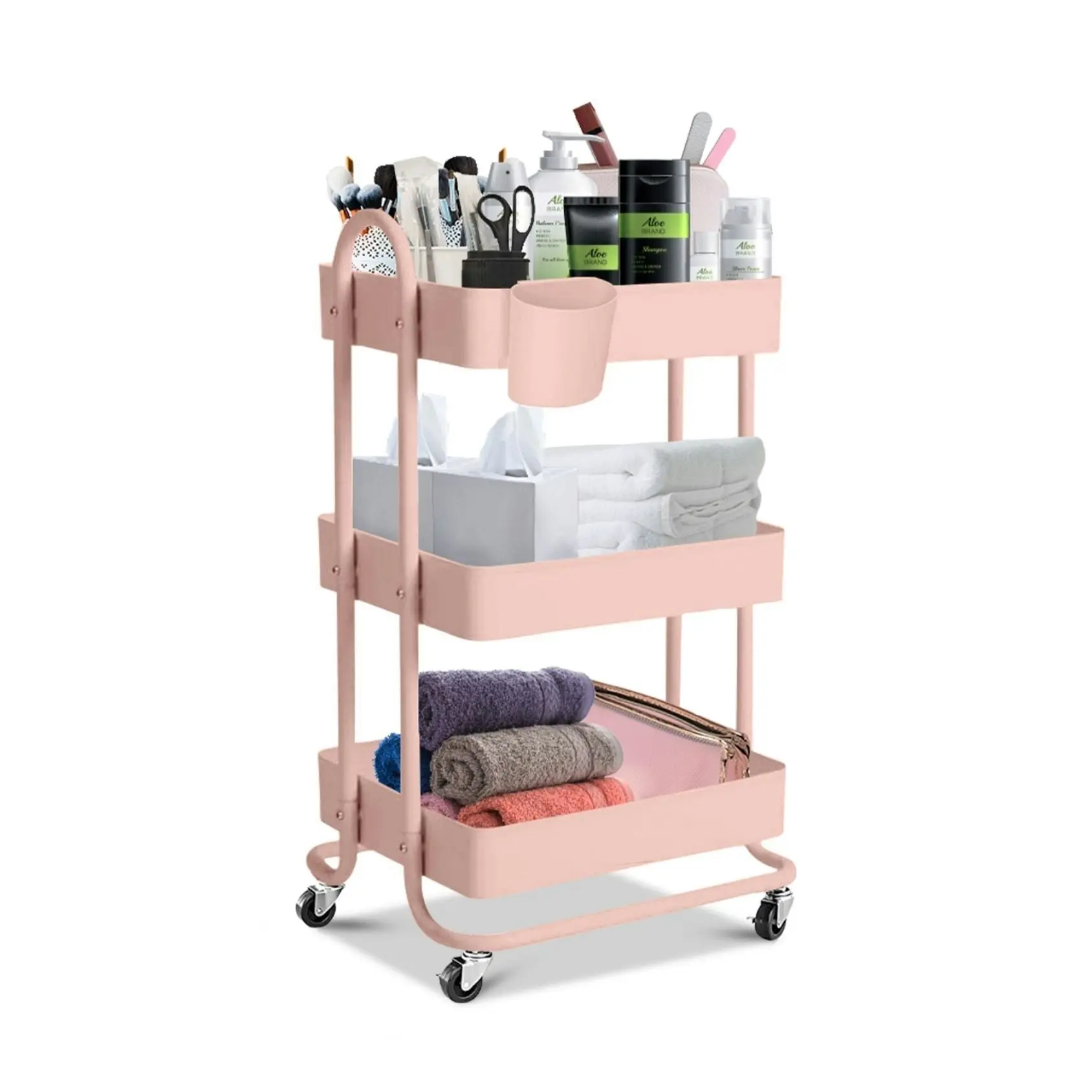 Ekkio 3 Tier Multipurpose Steel Frame Kitchen Storage Rack Organiser Trolley Cart - Pink