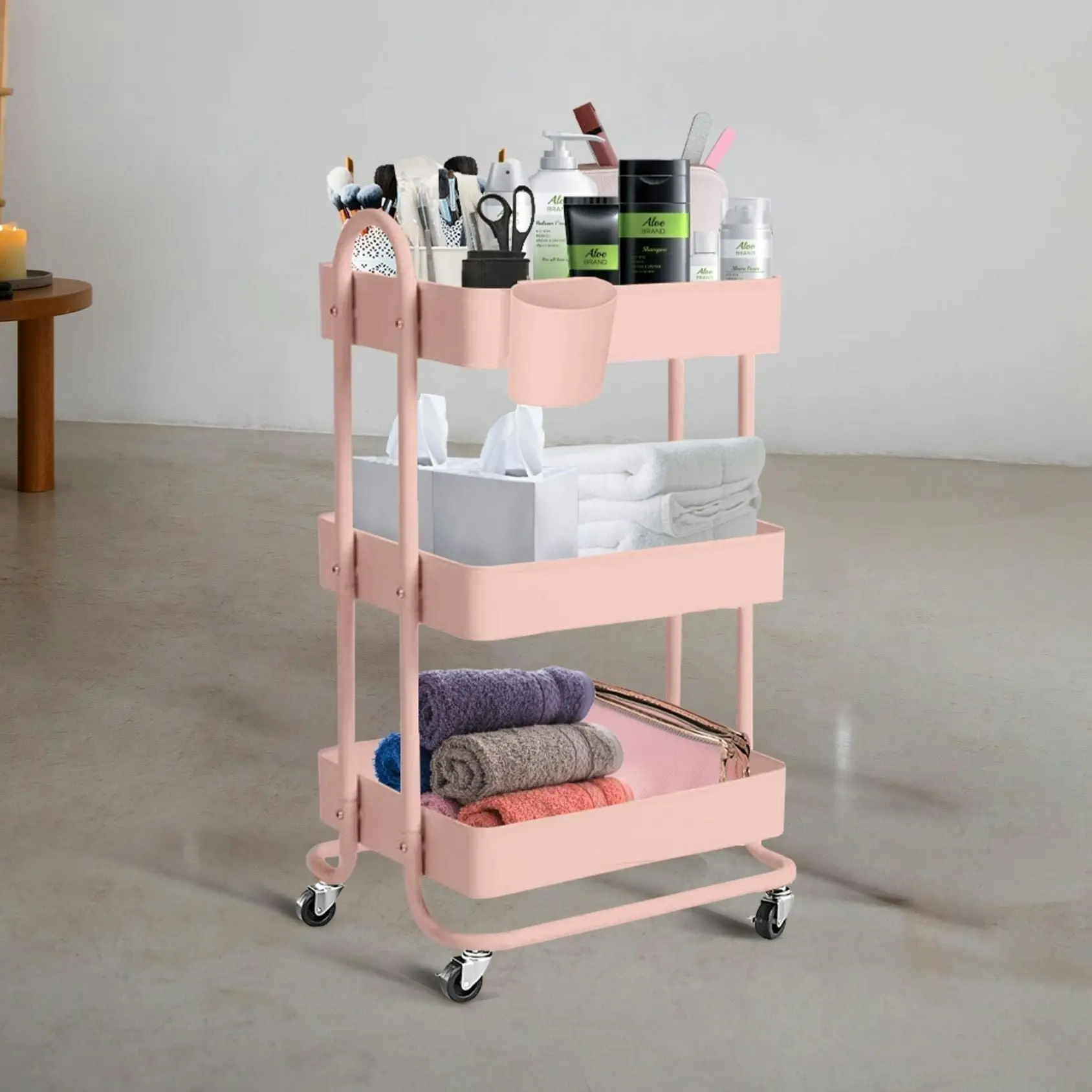 Ekkio 3 Tier Multipurpose Steel Frame Kitchen Storage Rack Organiser Trolley Cart - Pink