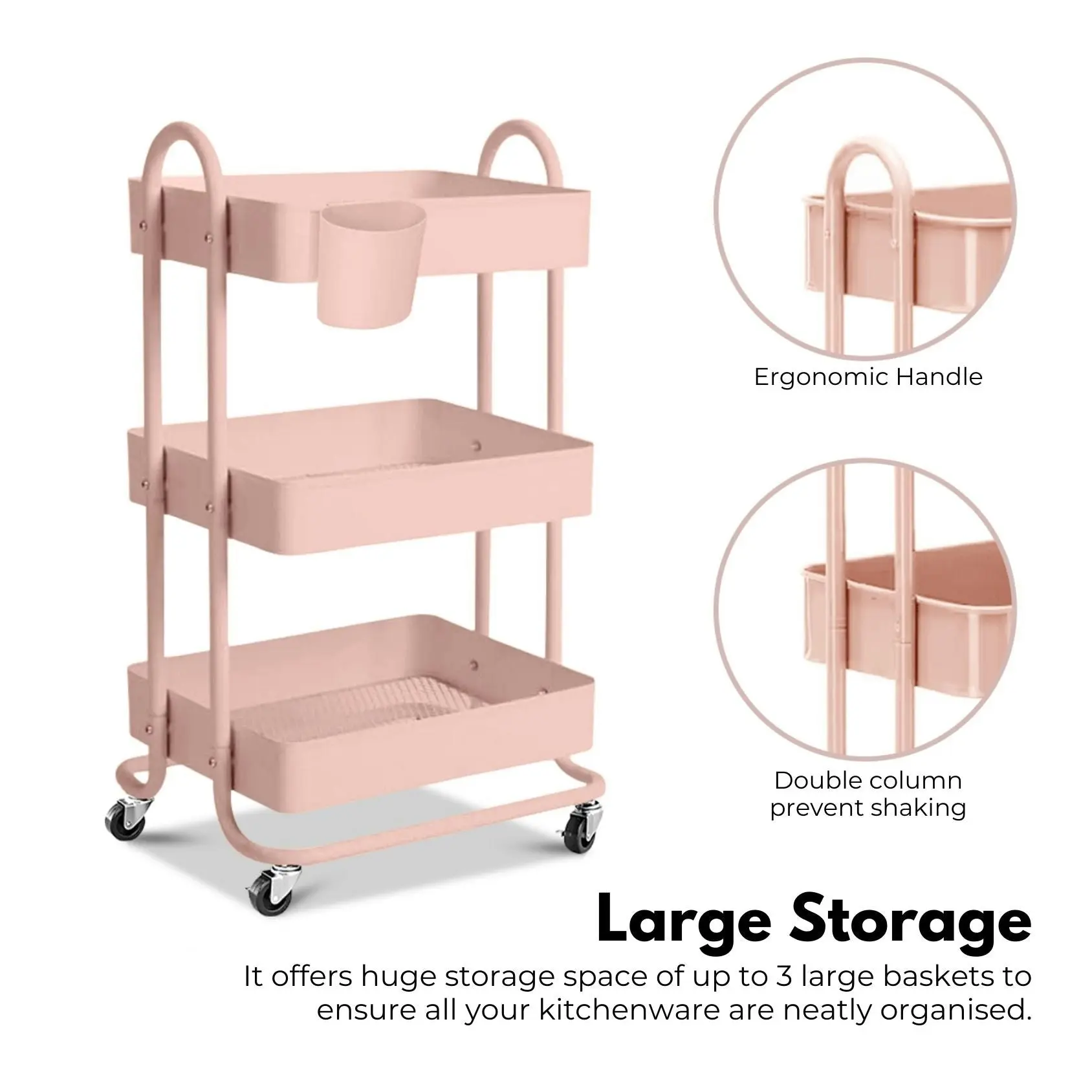 Ekkio 3 Tier Multipurpose Steel Frame Kitchen Storage Rack Organiser Trolley Cart - Pink