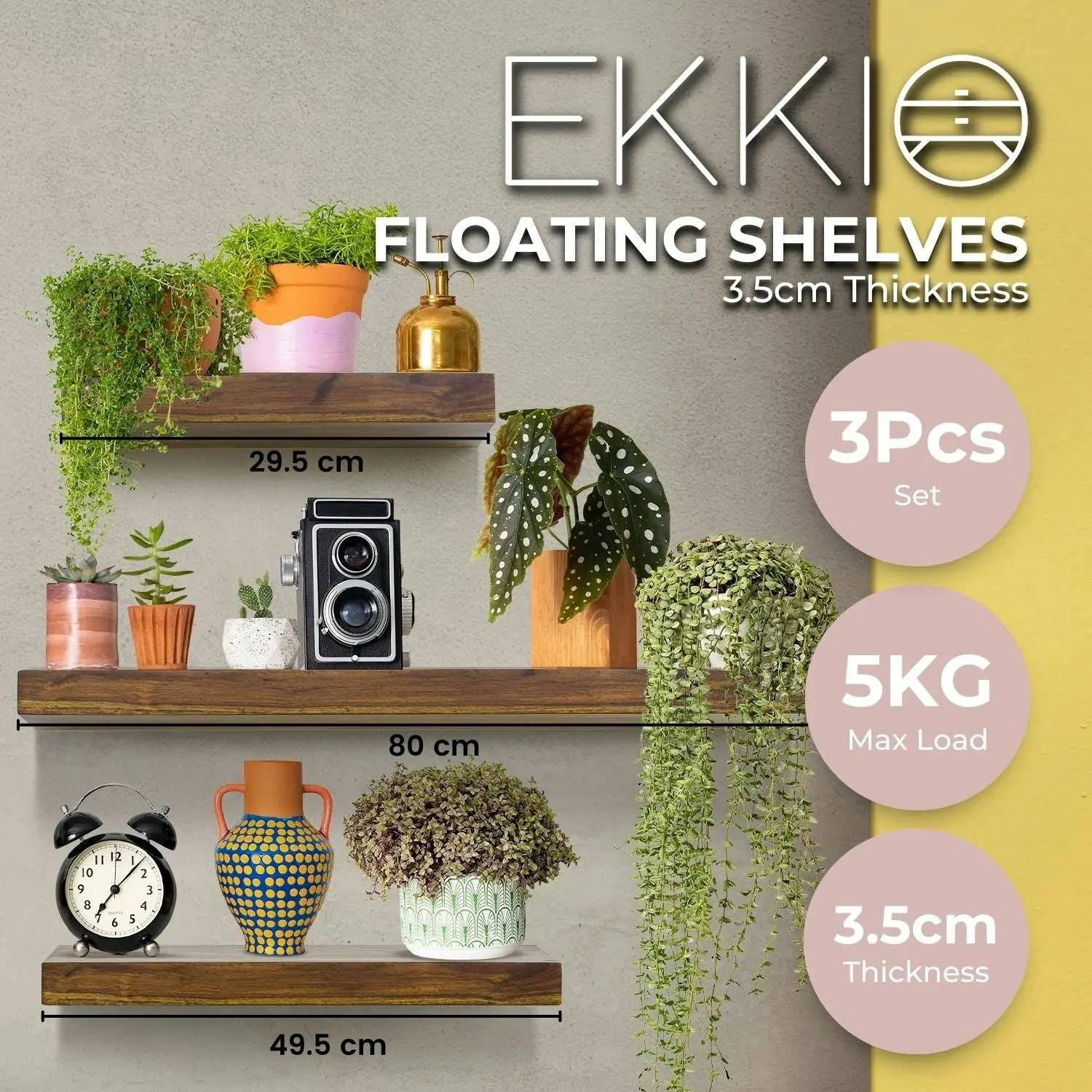 3x Ekkio Home Decor Wall Mount Floating Shelf - Brown