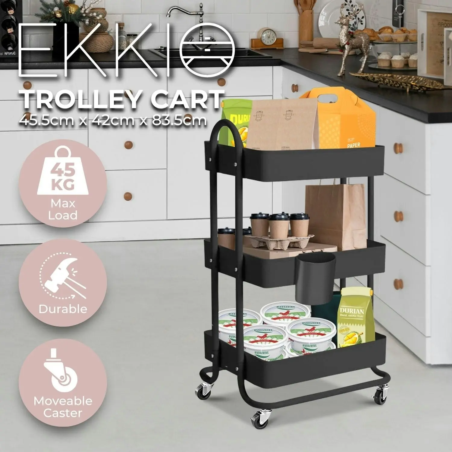 Ekkio Kitchen Trolley Cart 3 Tiers Storage Rack Steel Shelf Organiser Wheels Black